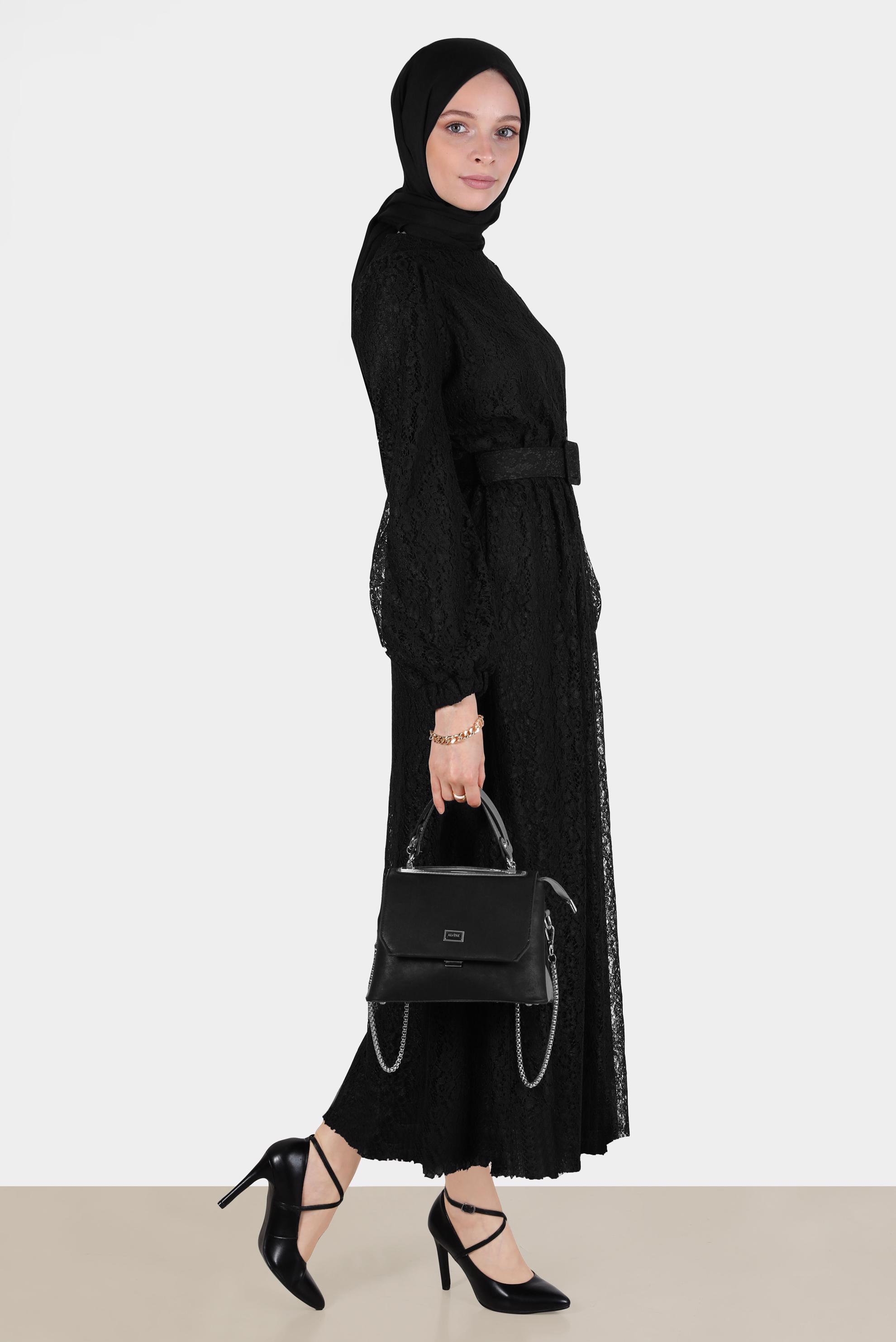 Hijab clothing BLACK BELTED LACED DRESS 42814 