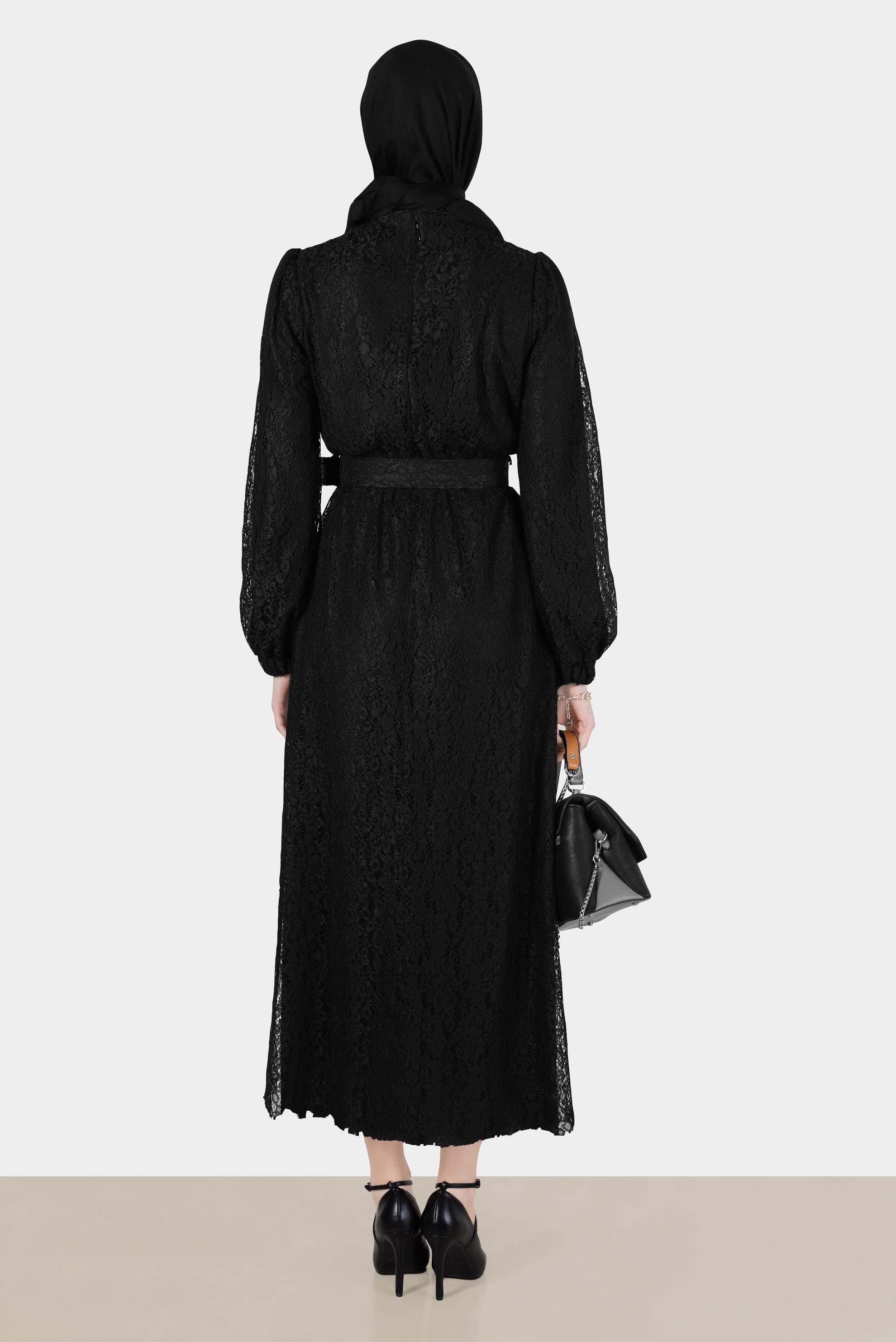 Hijab clothing BLACK BELTED LACED DRESS 42814 