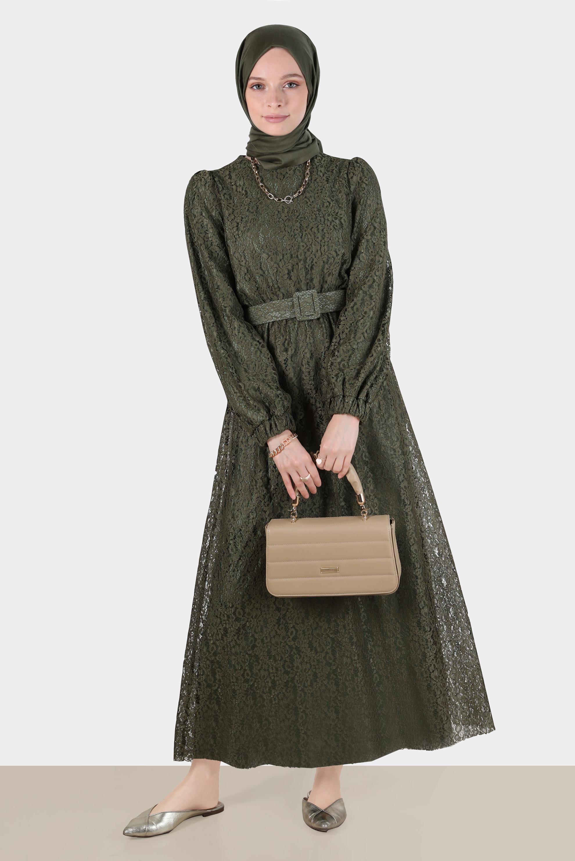Vêtements hijab KAKI ROBE LAÇÉE AVEC CEINTURE 42814