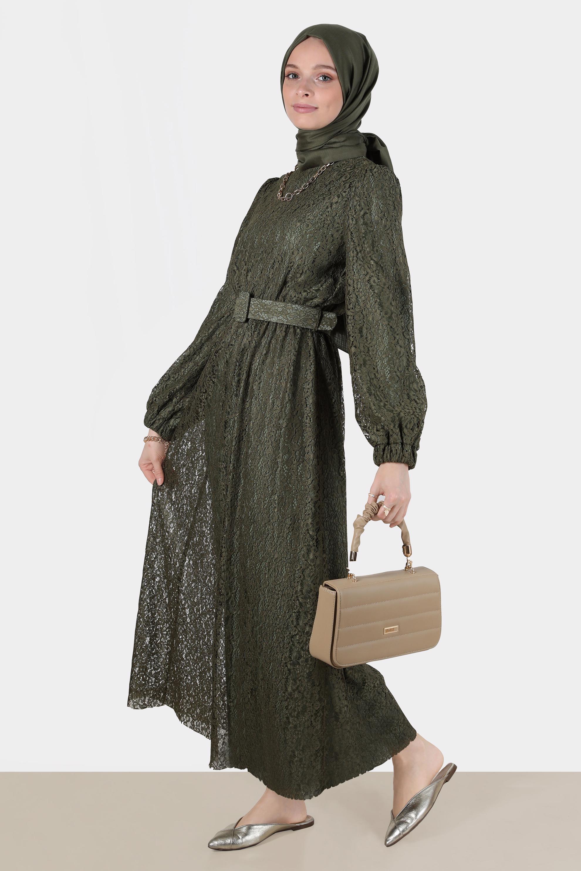 Vêtements hijab KAKI ROBE LAÇÉE AVEC CEINTURE 42814