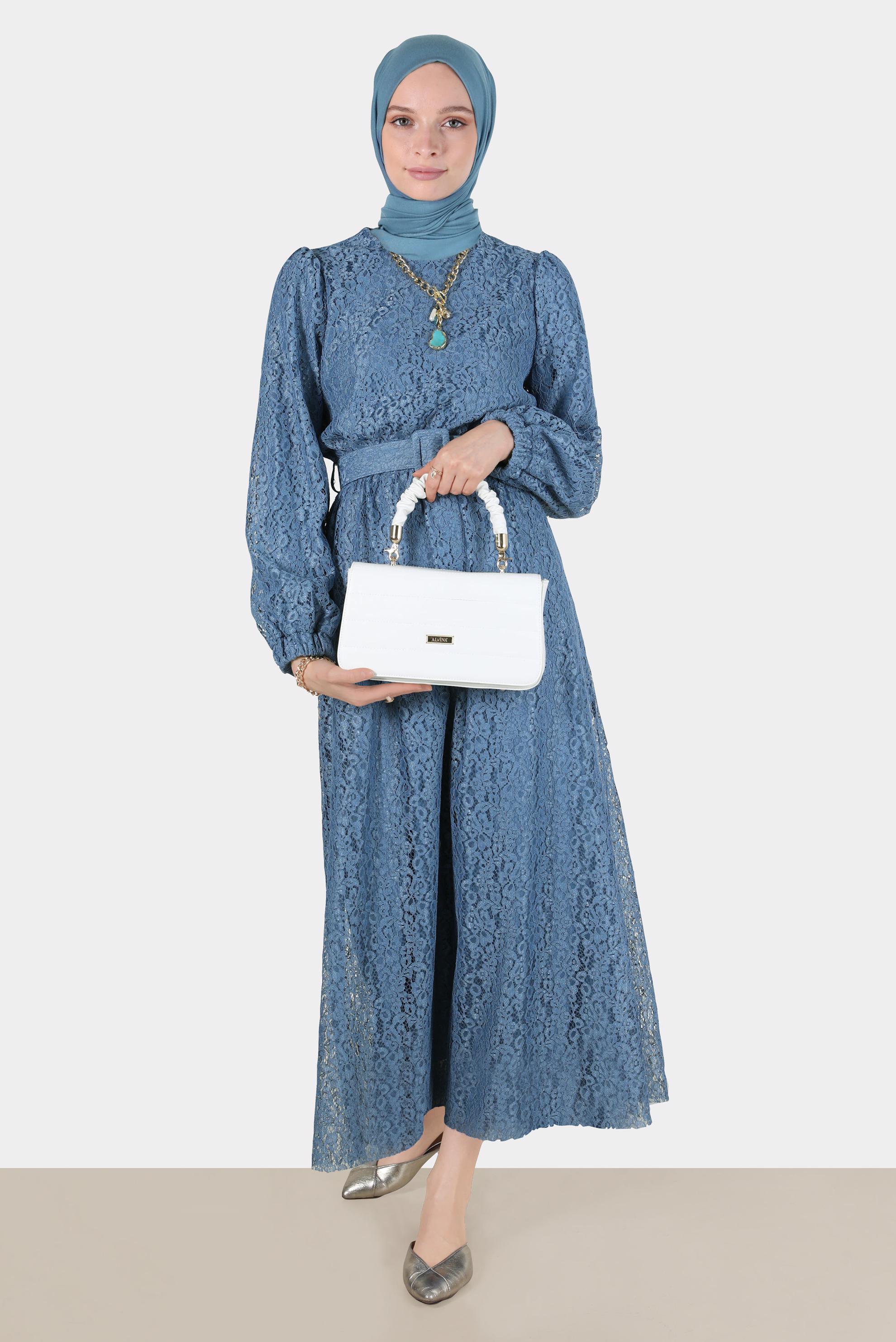 Tesettür giyim LACİVERT KEMERLİ DANTELLİ ELBİSE 42814 