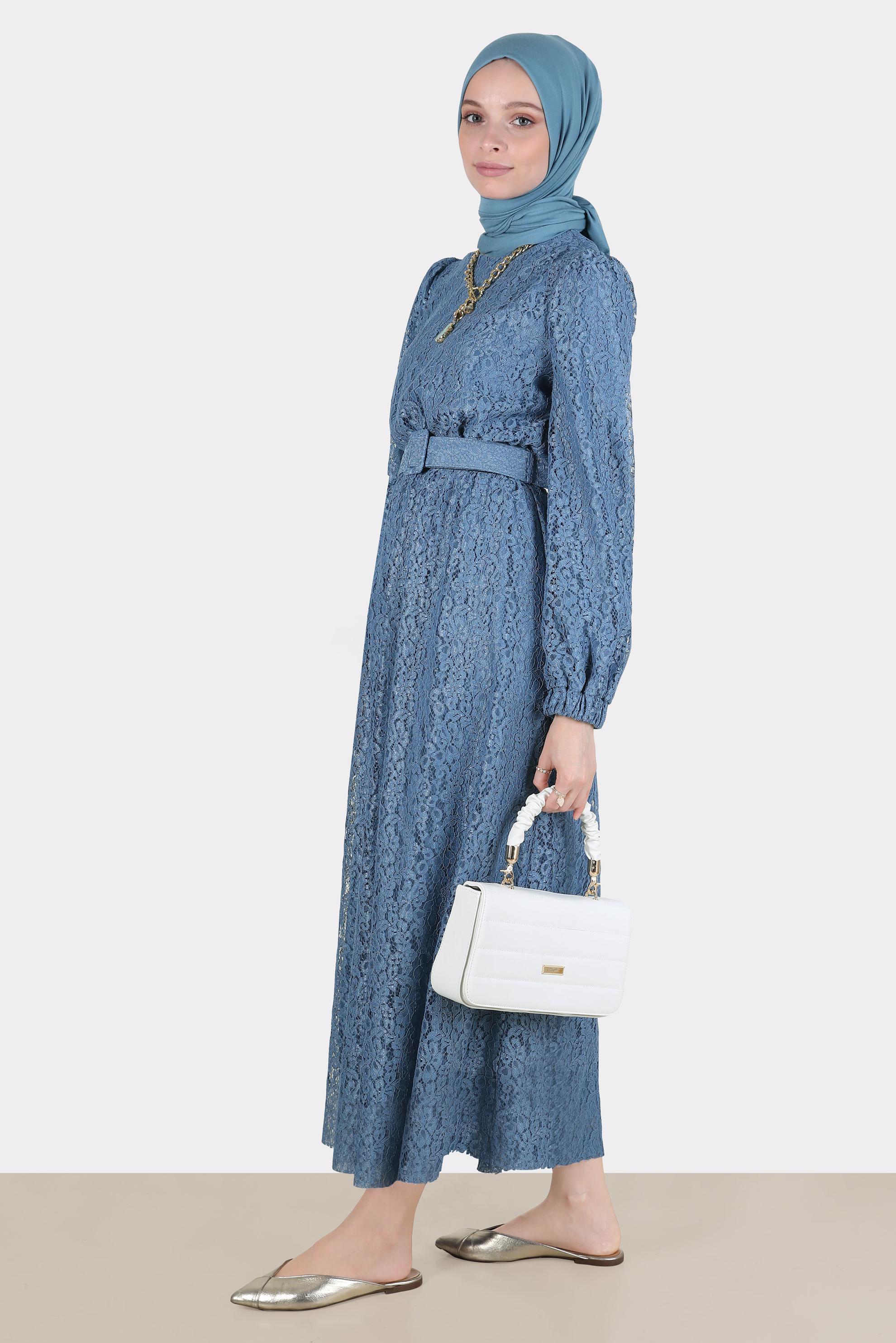 Tesettür giyim LACİVERT KEMERLİ DANTELLİ ELBİSE 42814 