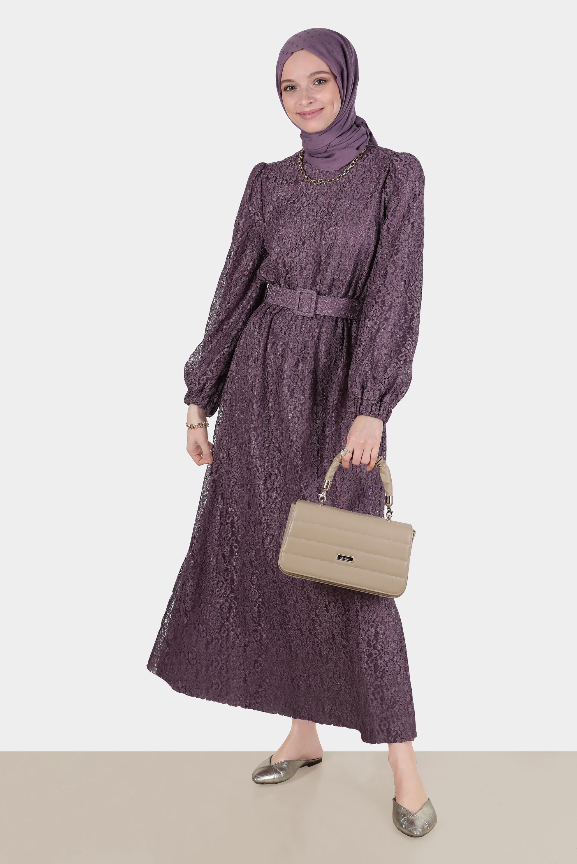 Vêtements hijab POURPRE ROBE LAÇÉE AVEC CEINTURE 42814