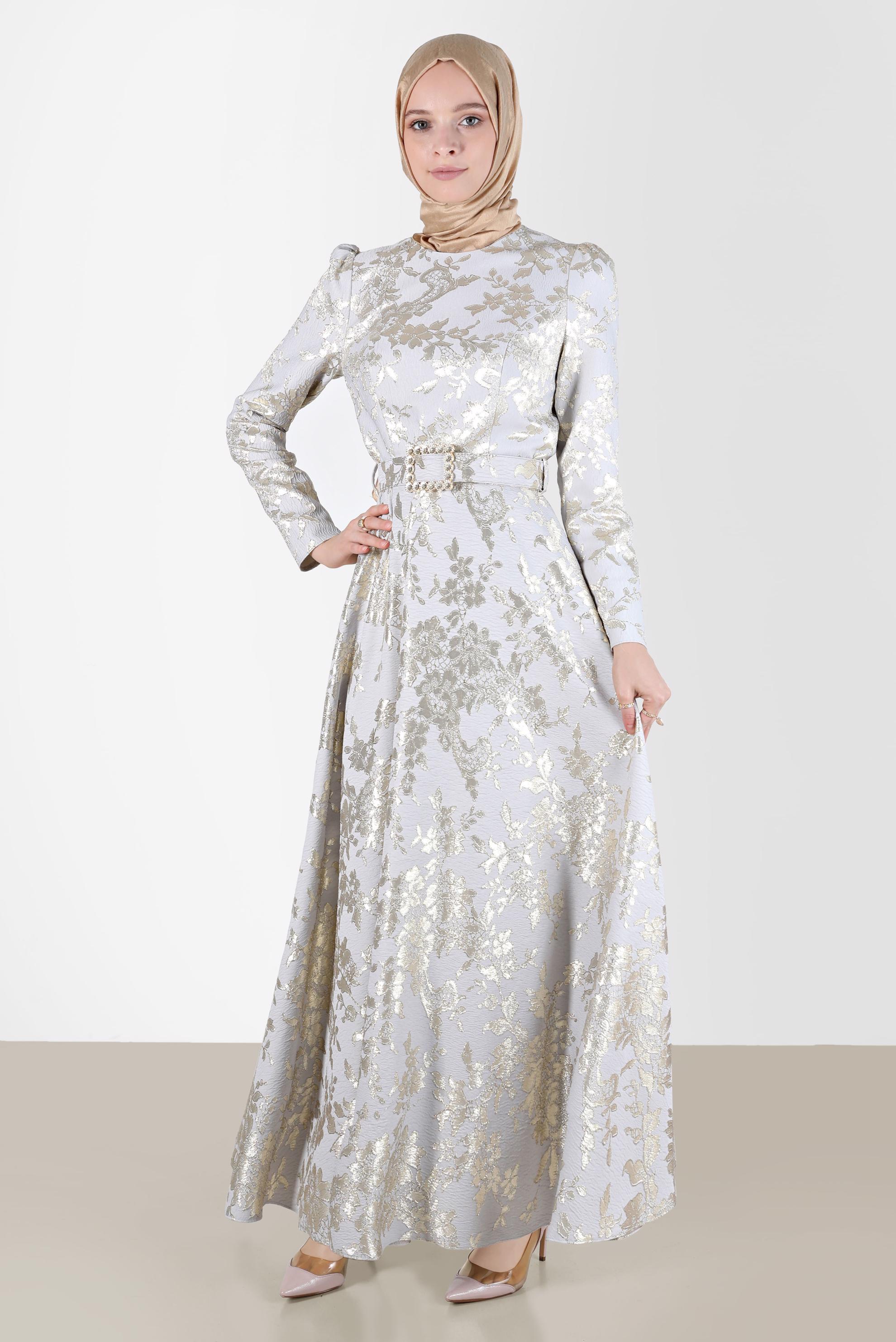 Tesettür giyim GRİ KEMERLİ JAKARLI ELBİSE 42815 