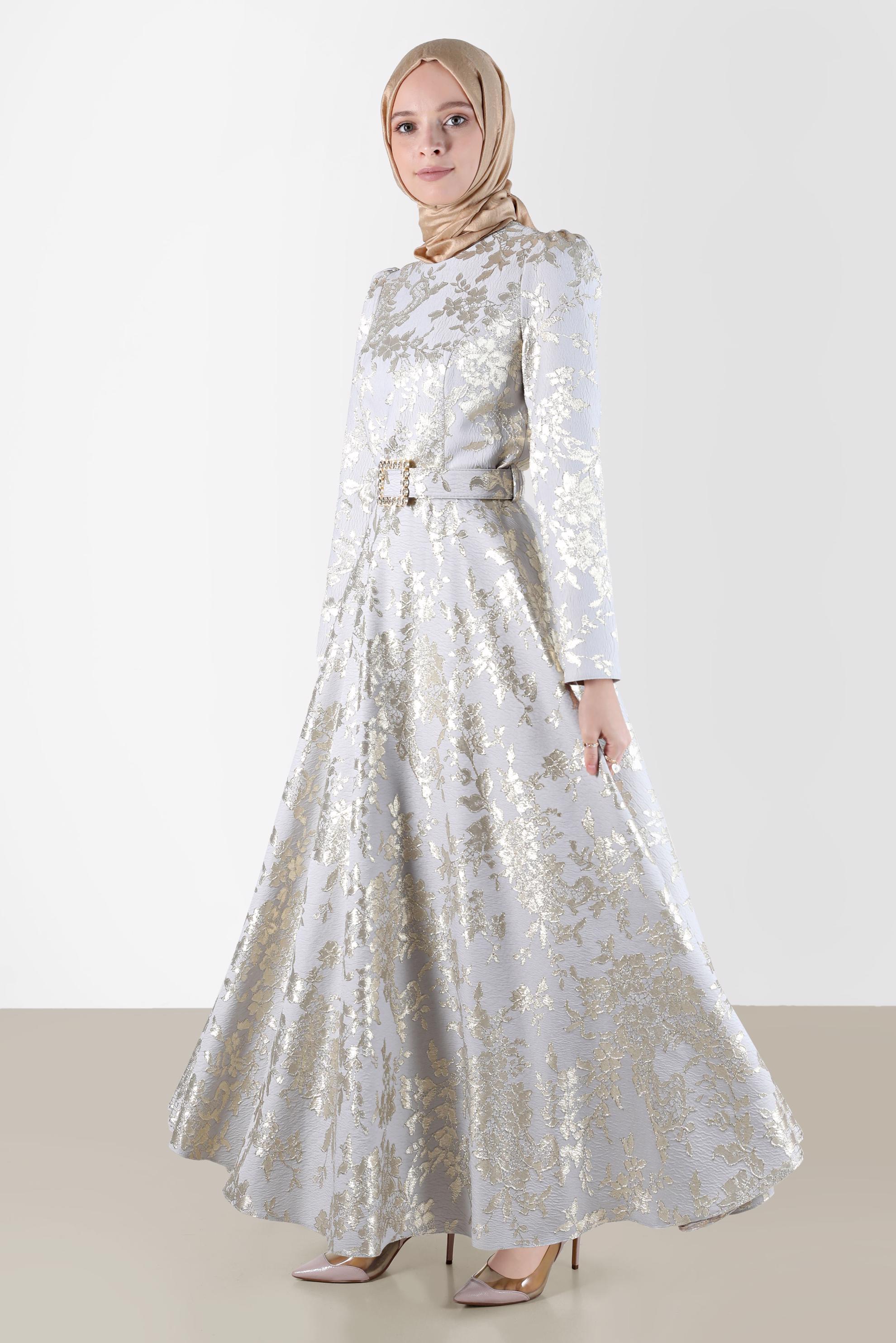 Tesettür giyim GRİ KEMERLİ JAKARLI ELBİSE 42815 