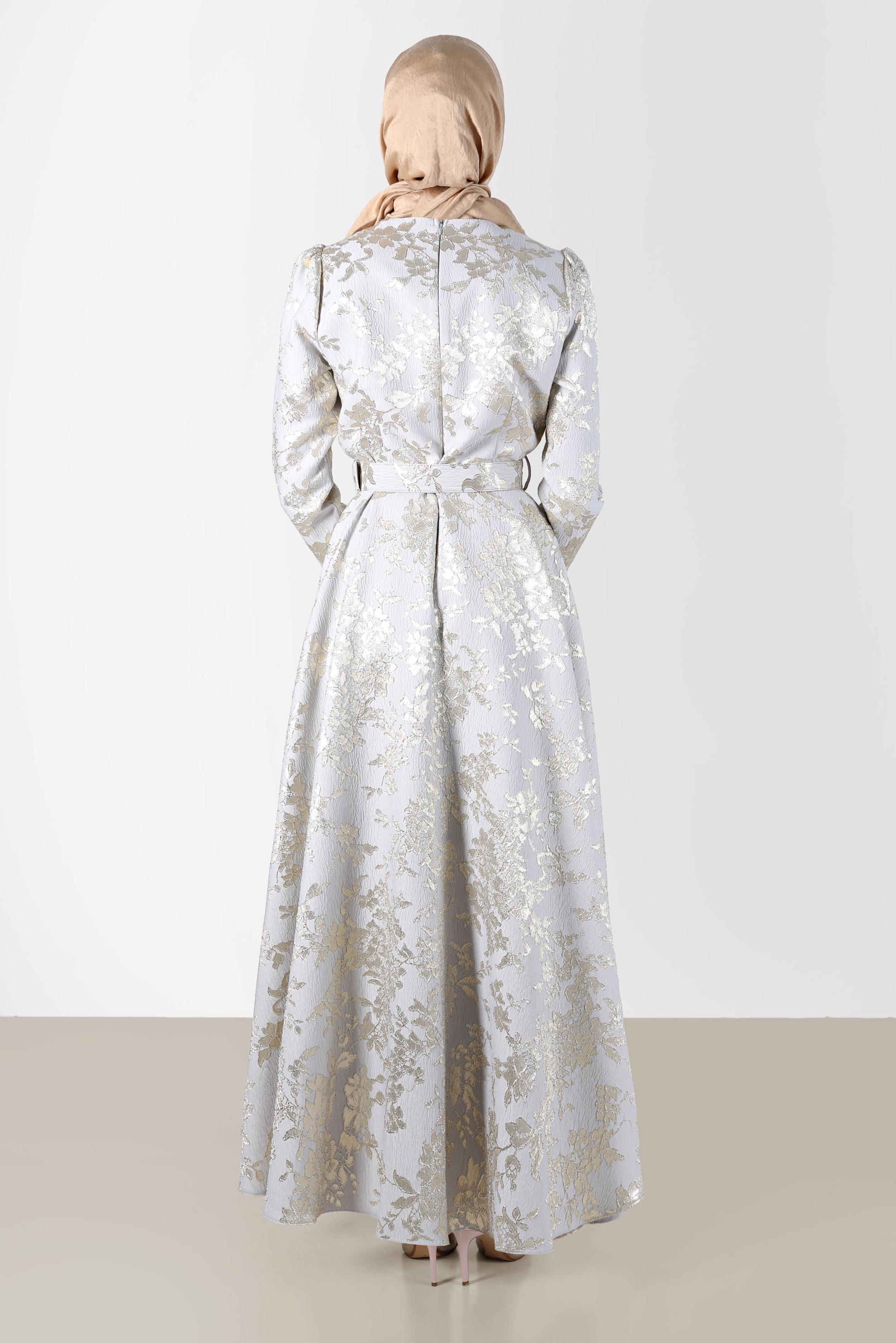 Tesettür giyim GRİ KEMERLİ JAKARLI ELBİSE 42815 