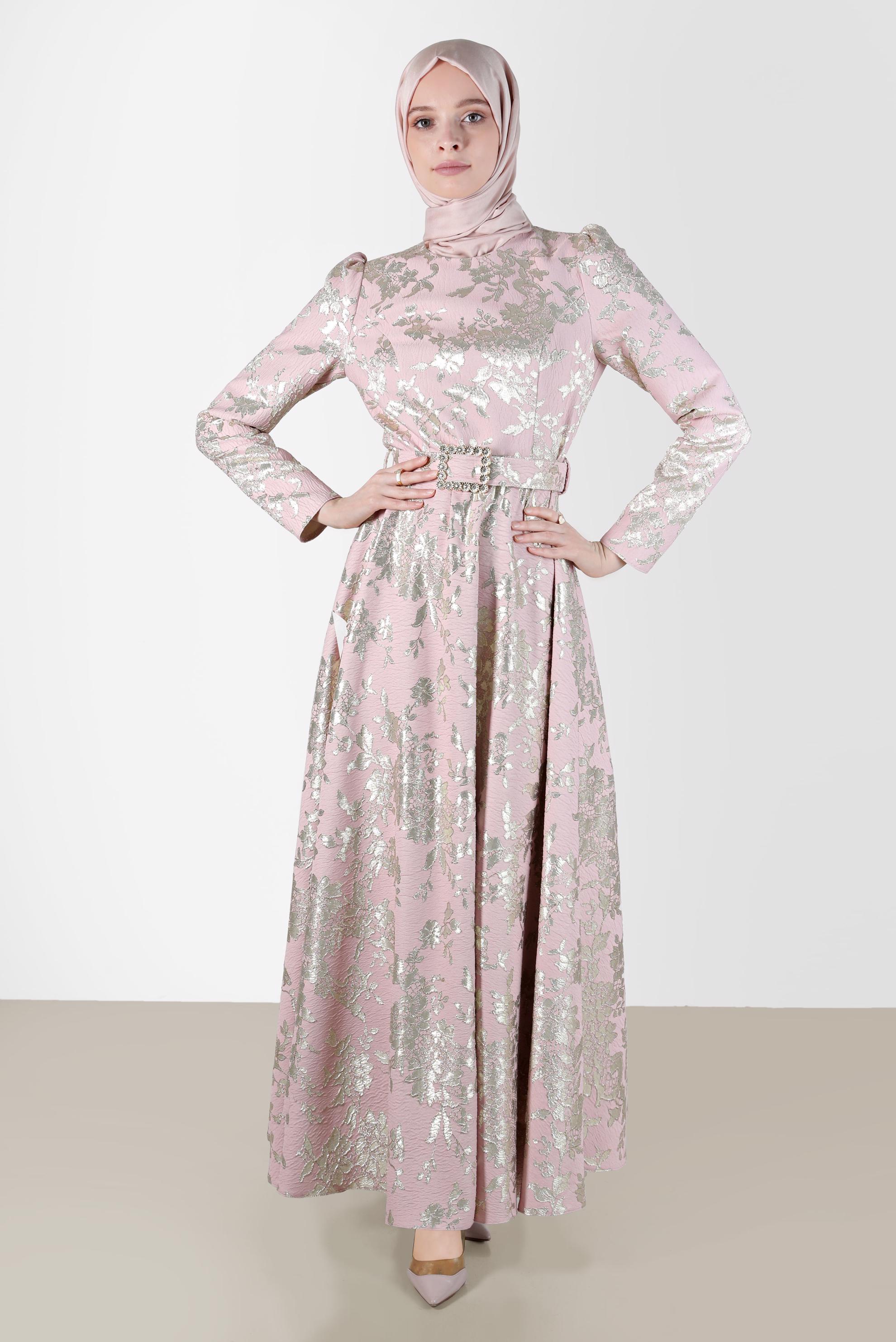 Tesettür giyim PUDRA KEMERLİ JAKARLI ELBİSE 42815 