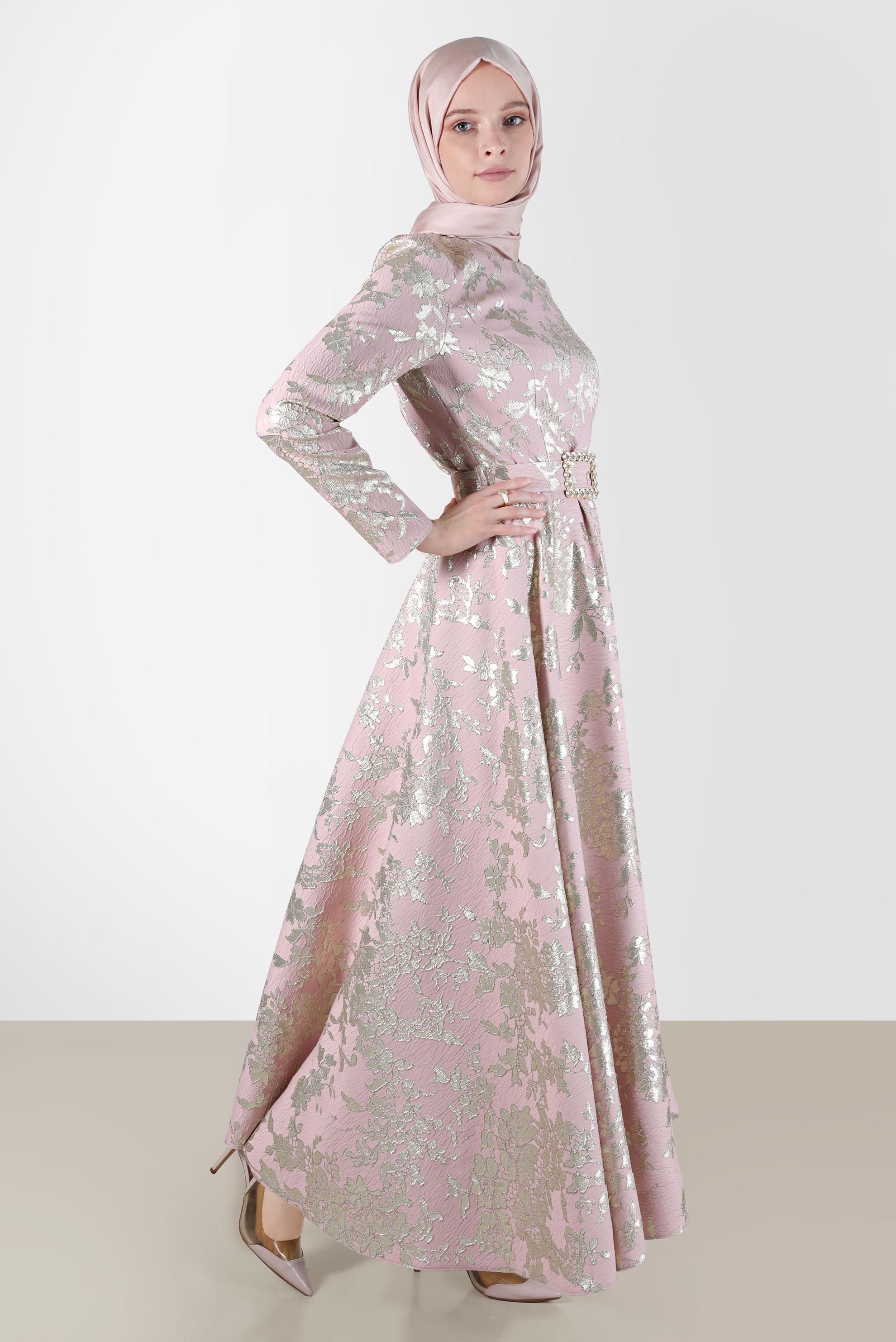 Tesettür giyim PUDRA KEMERLİ JAKARLI ELBİSE 42815 