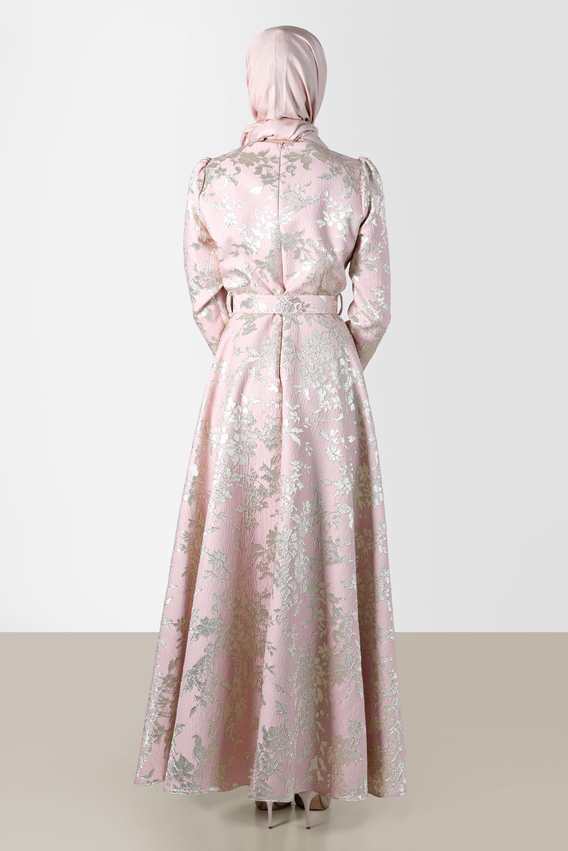 Tesettür giyim PUDRA KEMERLİ JAKARLI ELBİSE 42815 