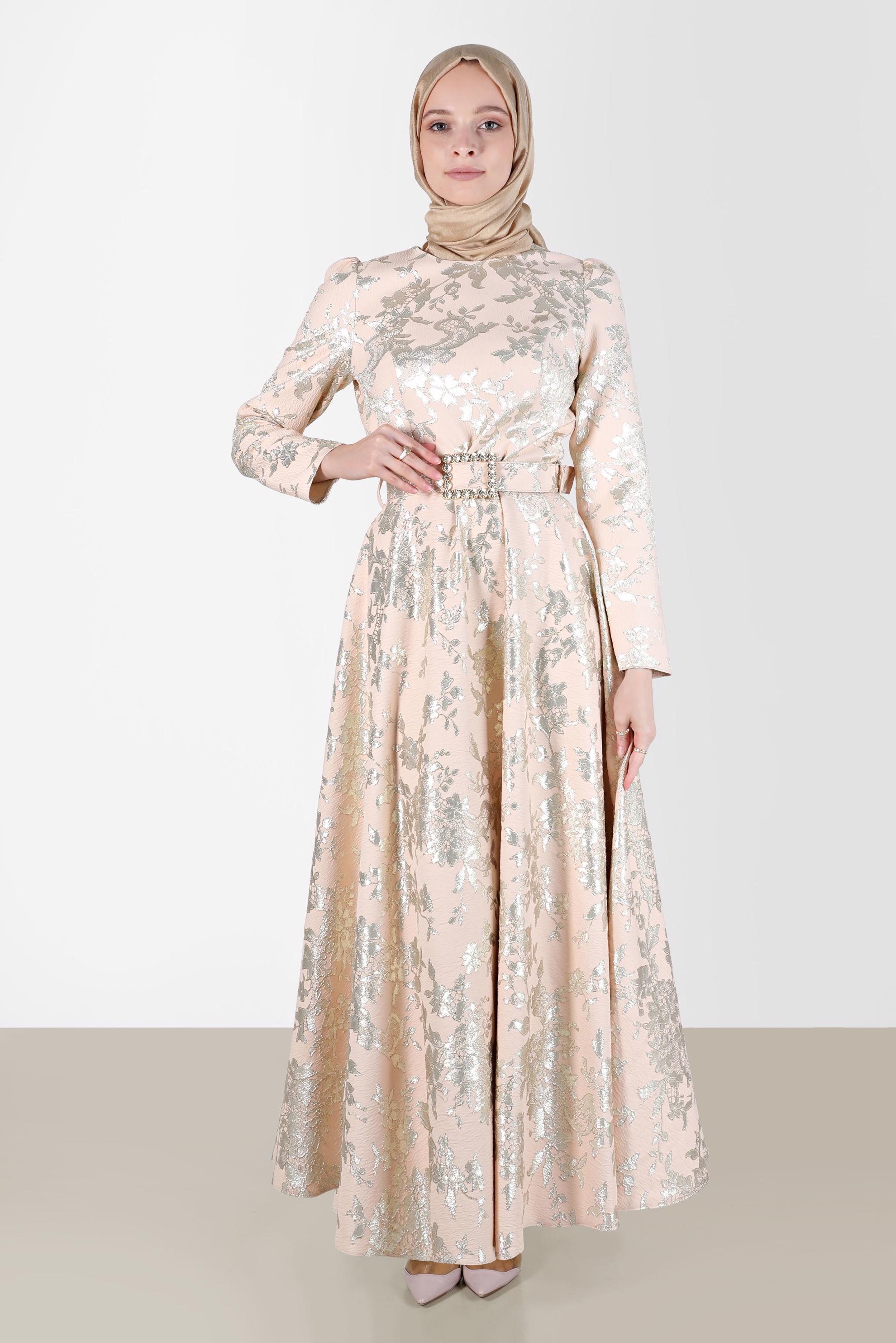 Tesettür giyim PUDRA KEMERLİ JAKARLI ELBİSE 42815 