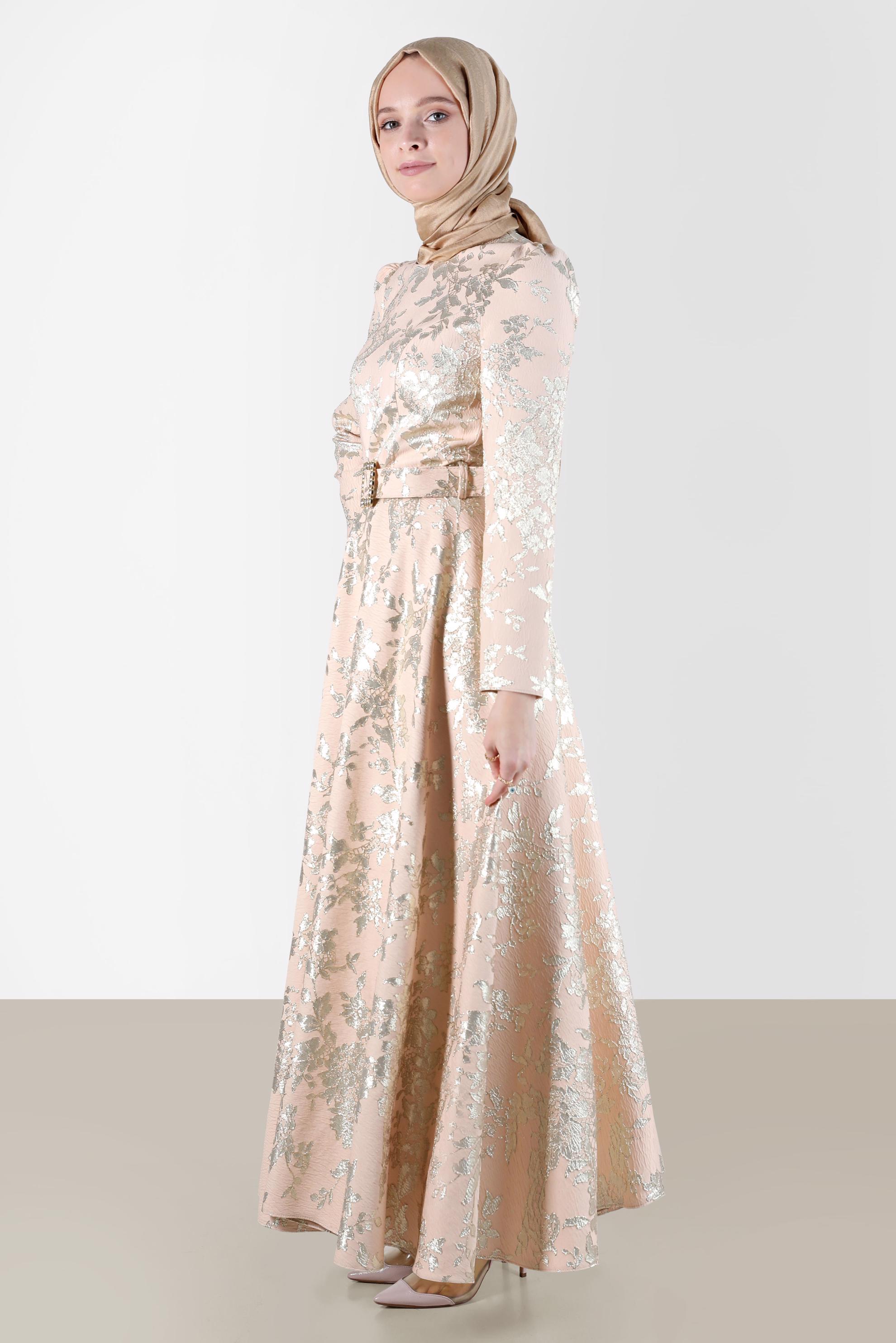 Tesettür giyim PUDRA KEMERLİ JAKARLI ELBİSE 42815 