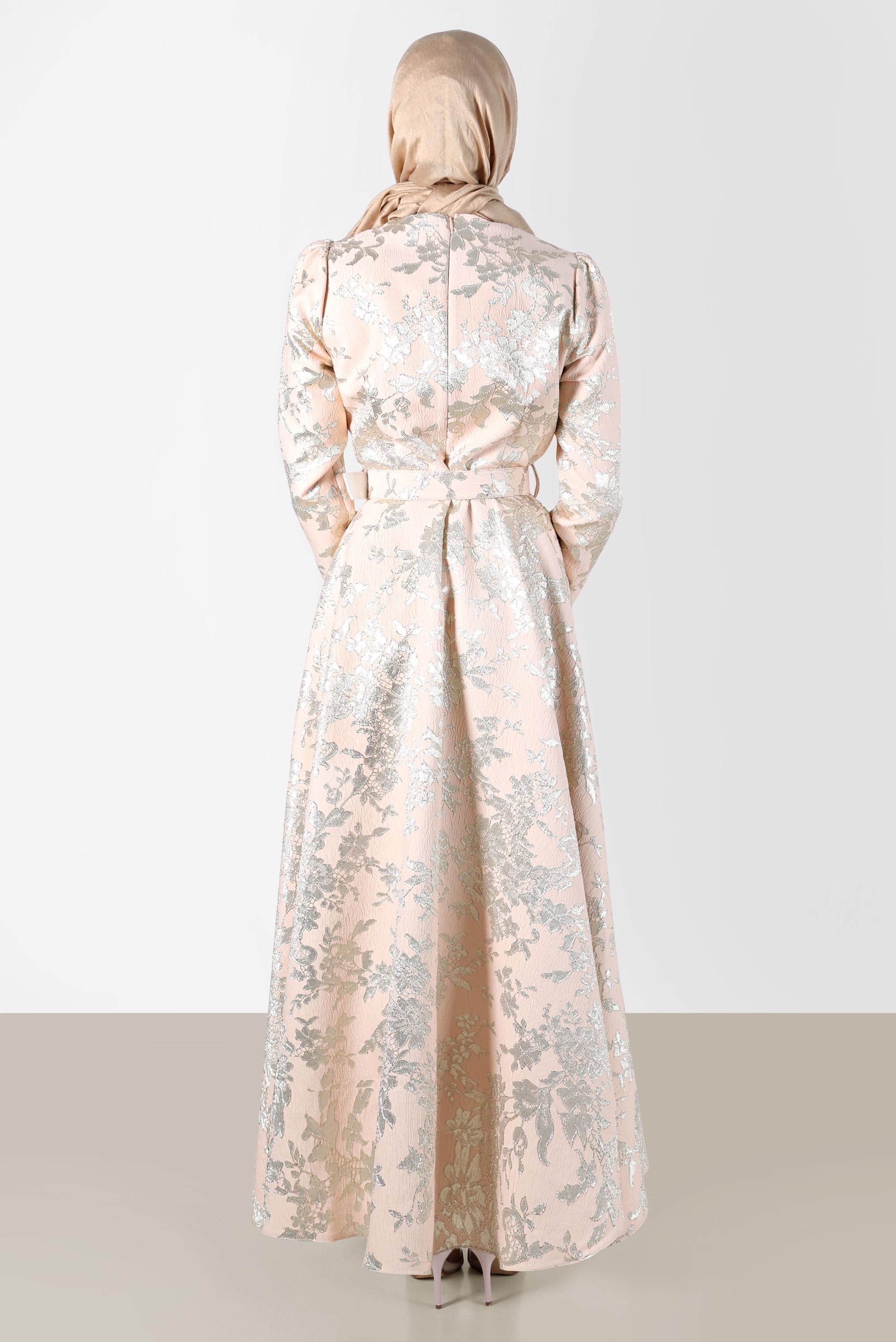 Tesettür giyim PUDRA KEMERLİ JAKARLI ELBİSE 42815 