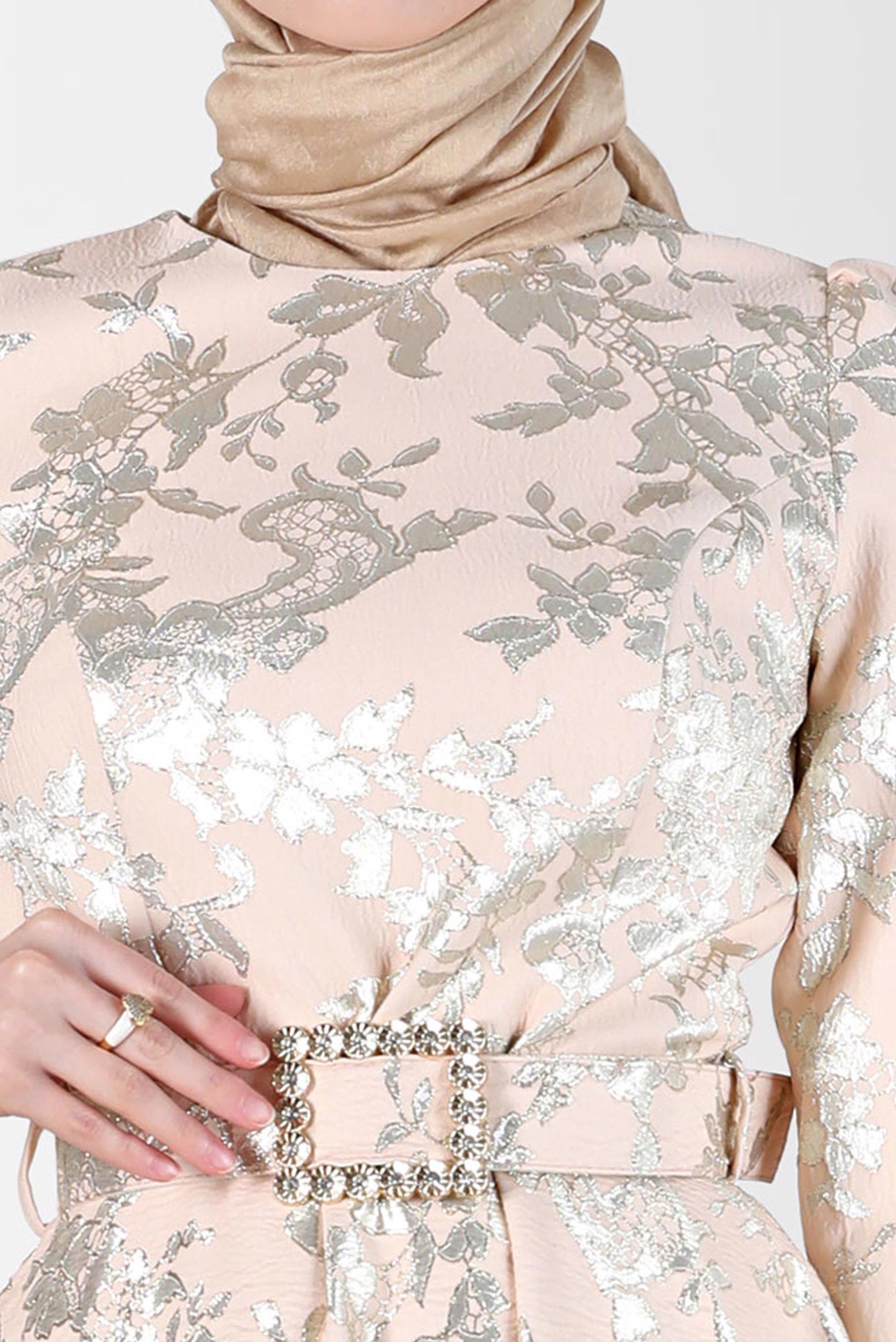 Tesettür giyim PUDRA KEMERLİ JAKARLI ELBİSE 42815 