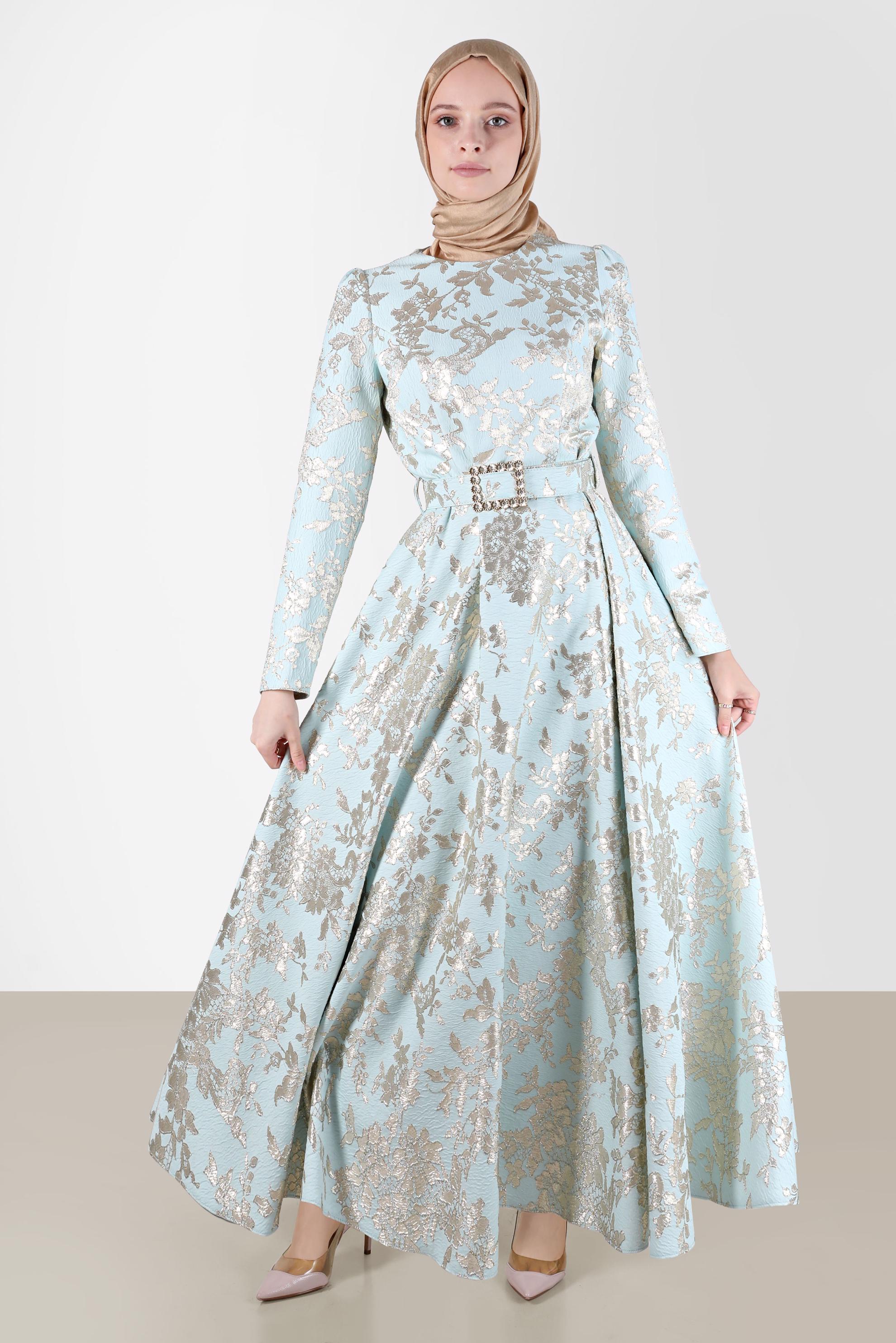 Tesettür giyim YEŞİL KEMERLİ JAKARLI ELBİSE 42815 