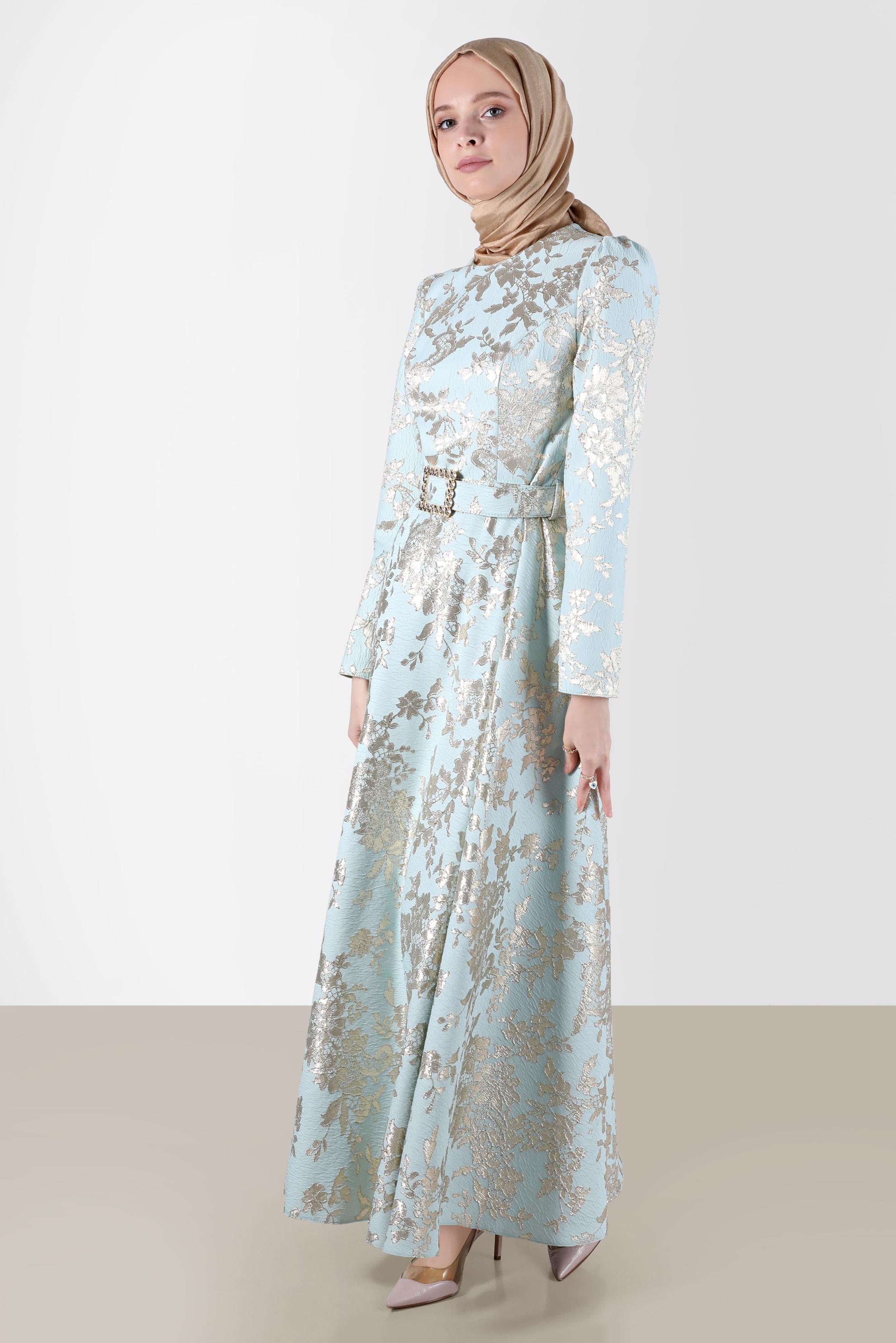 Tesettür giyim YEŞİL KEMERLİ JAKARLI ELBİSE 42815 