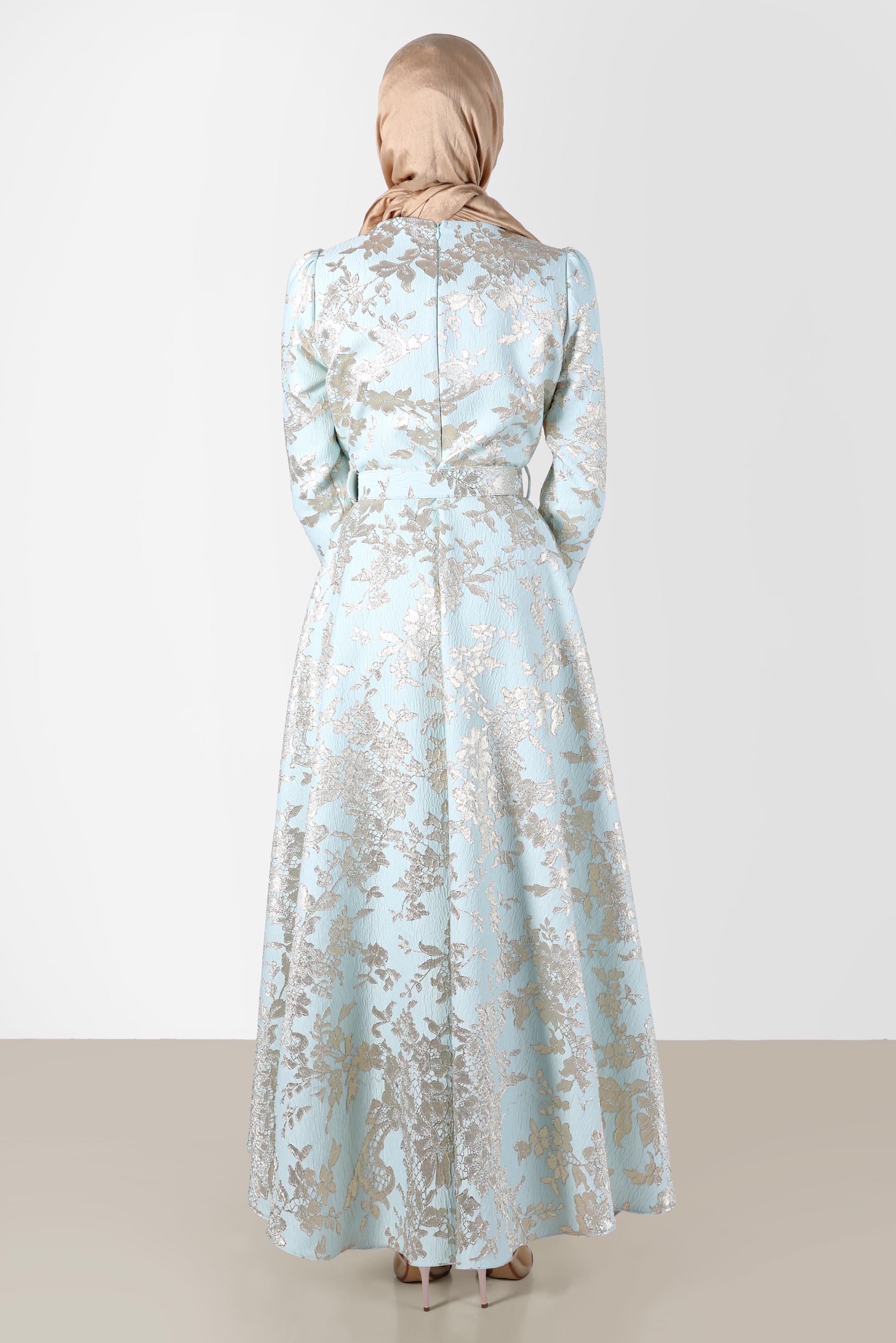 Tesettür giyim YEŞİL KEMERLİ JAKARLI ELBİSE 42815 