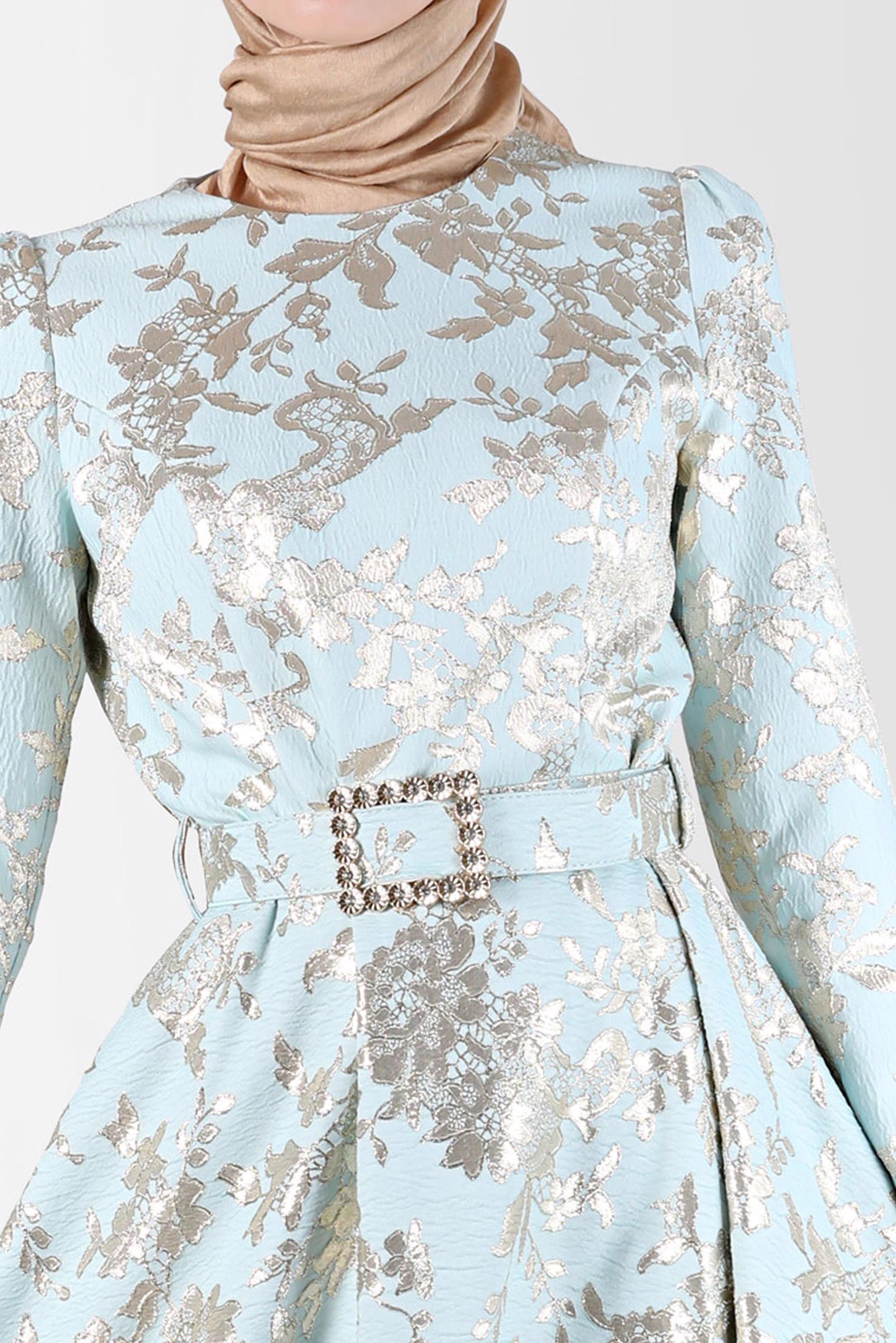 Tesettür giyim YEŞİL KEMERLİ JAKARLI ELBİSE 42815 