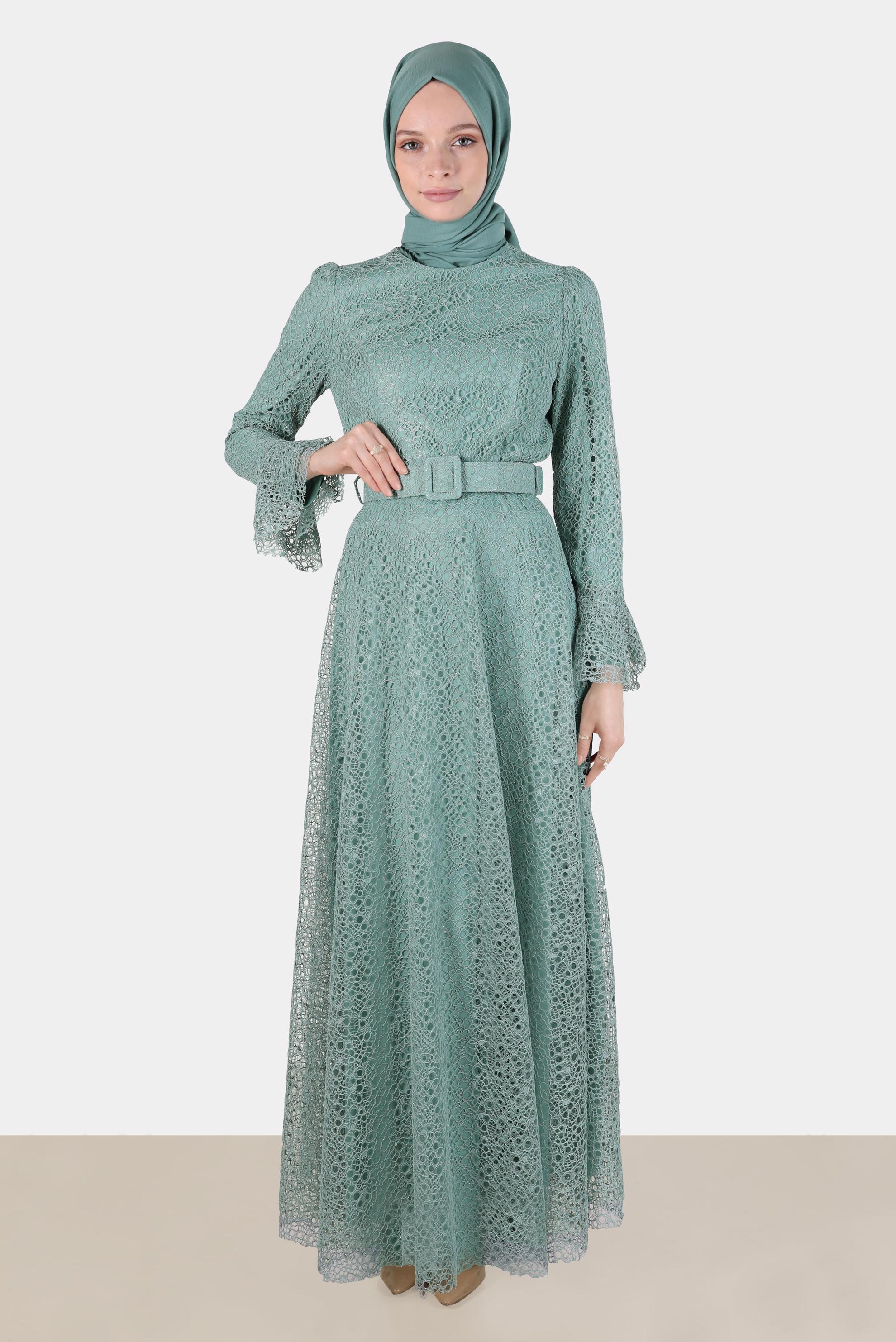 Tesettür giyim YEŞİL KEMERLİ DANTEL ELBİSE 42832 