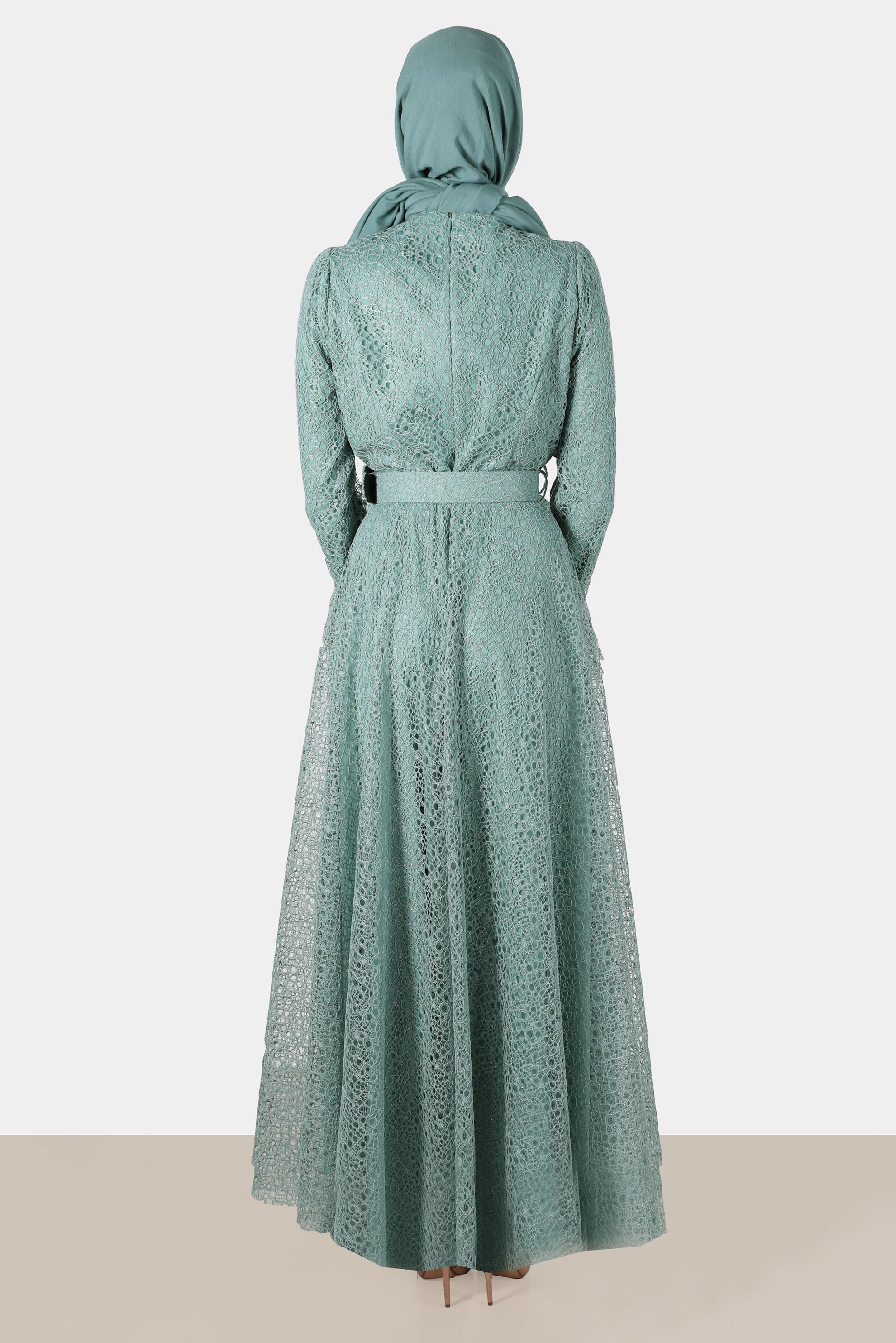 Tesettür giyim YEŞİL KEMERLİ DANTEL ELBİSE 42832 