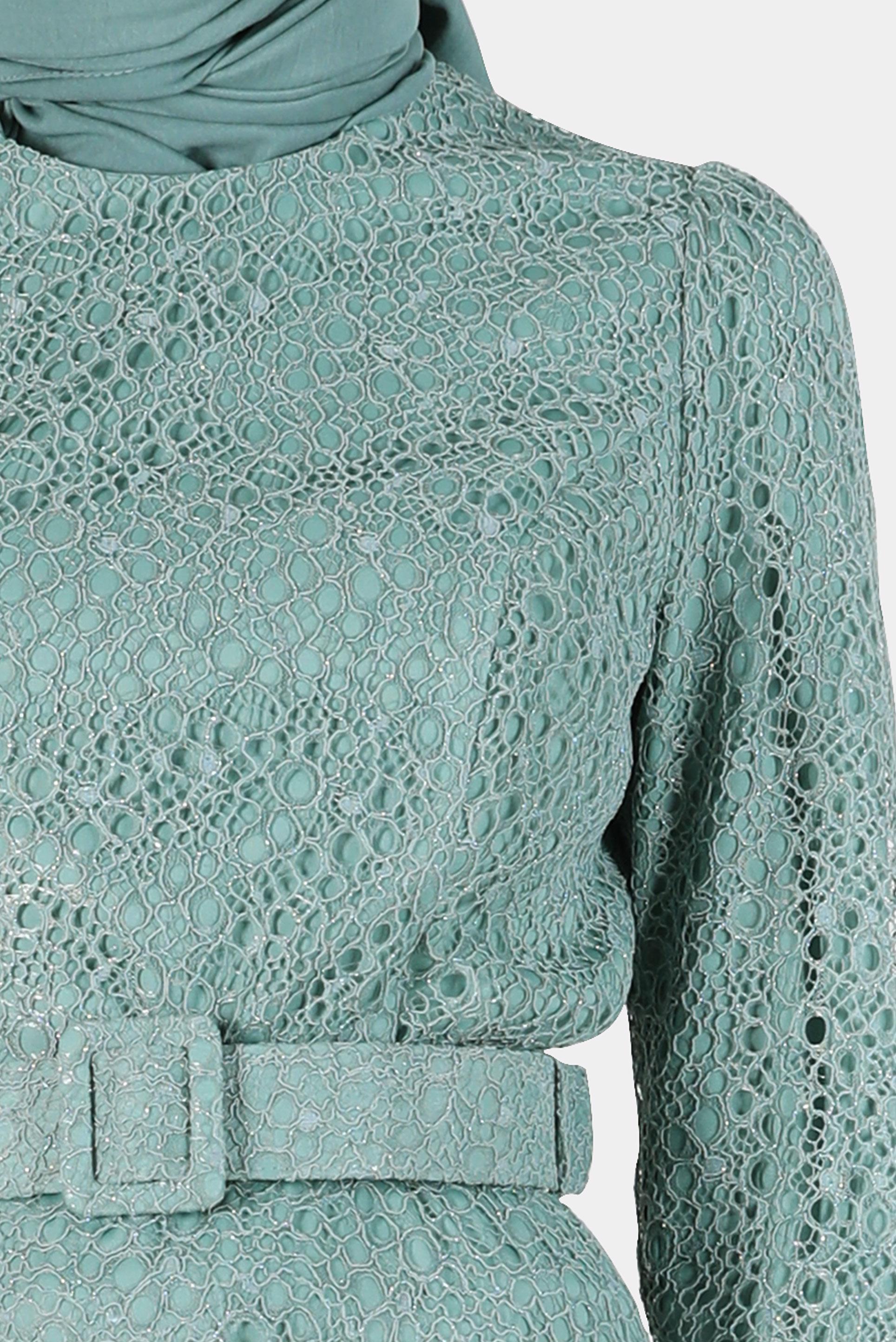 Tesettür giyim YEŞİL KEMERLİ DANTEL ELBİSE 42832 