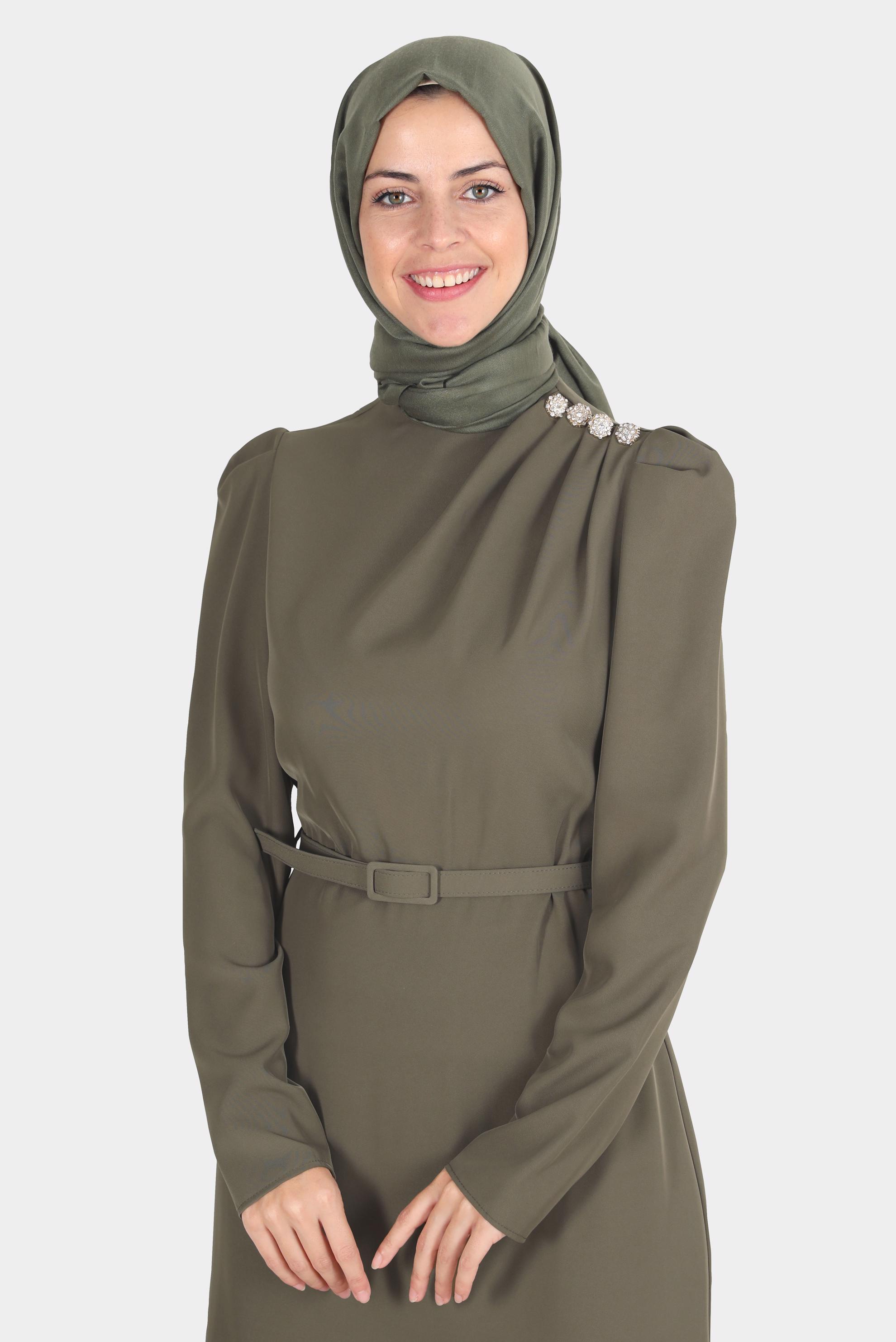 Hijab clothing KHAKI GEM DETAIL SMOCKED DRESS 42846 