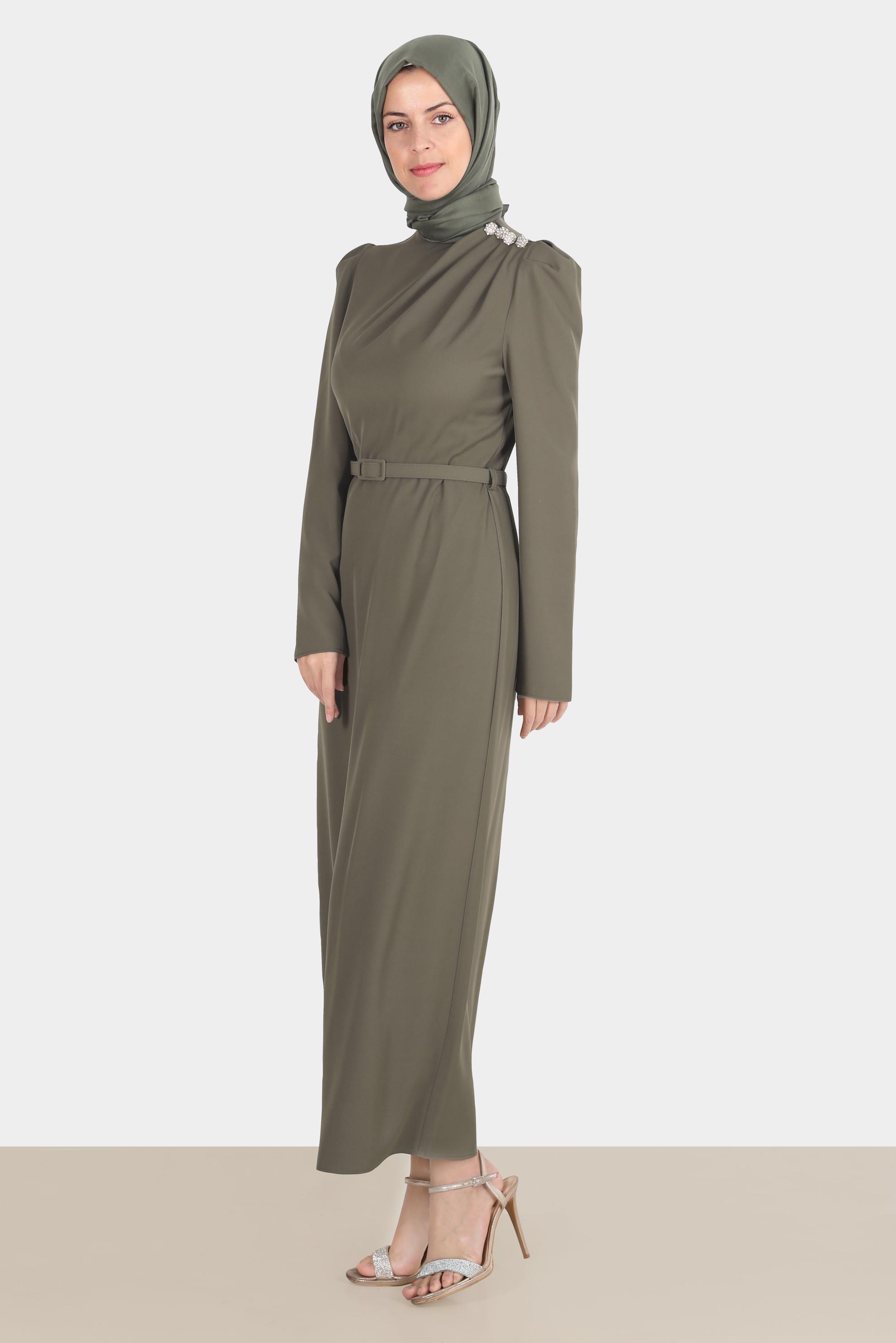 Hijab clothing KHAKI GEM DETAIL SMOCKED DRESS 42846 
