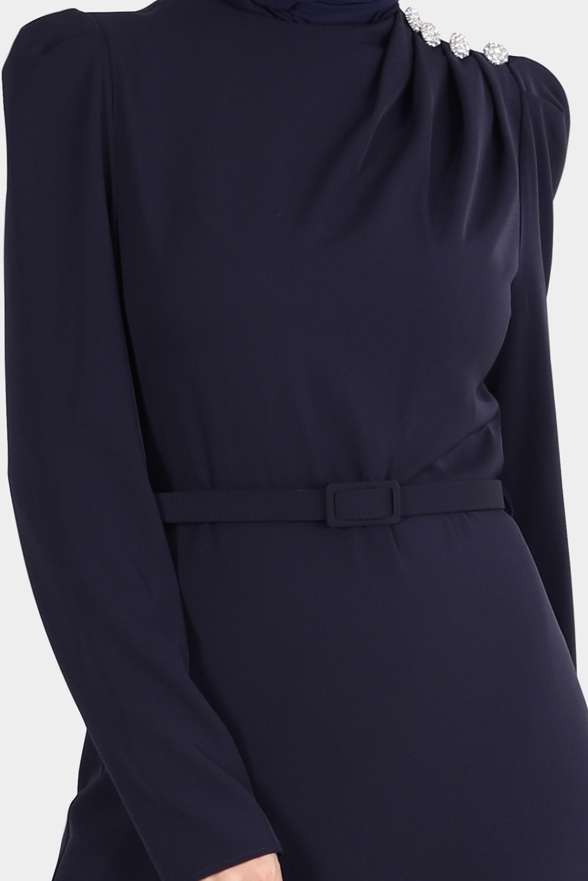 Tesettür giyim LACİVERT OMZU TAŞLI BÜZGÜLÜ ELBİSE 42846 