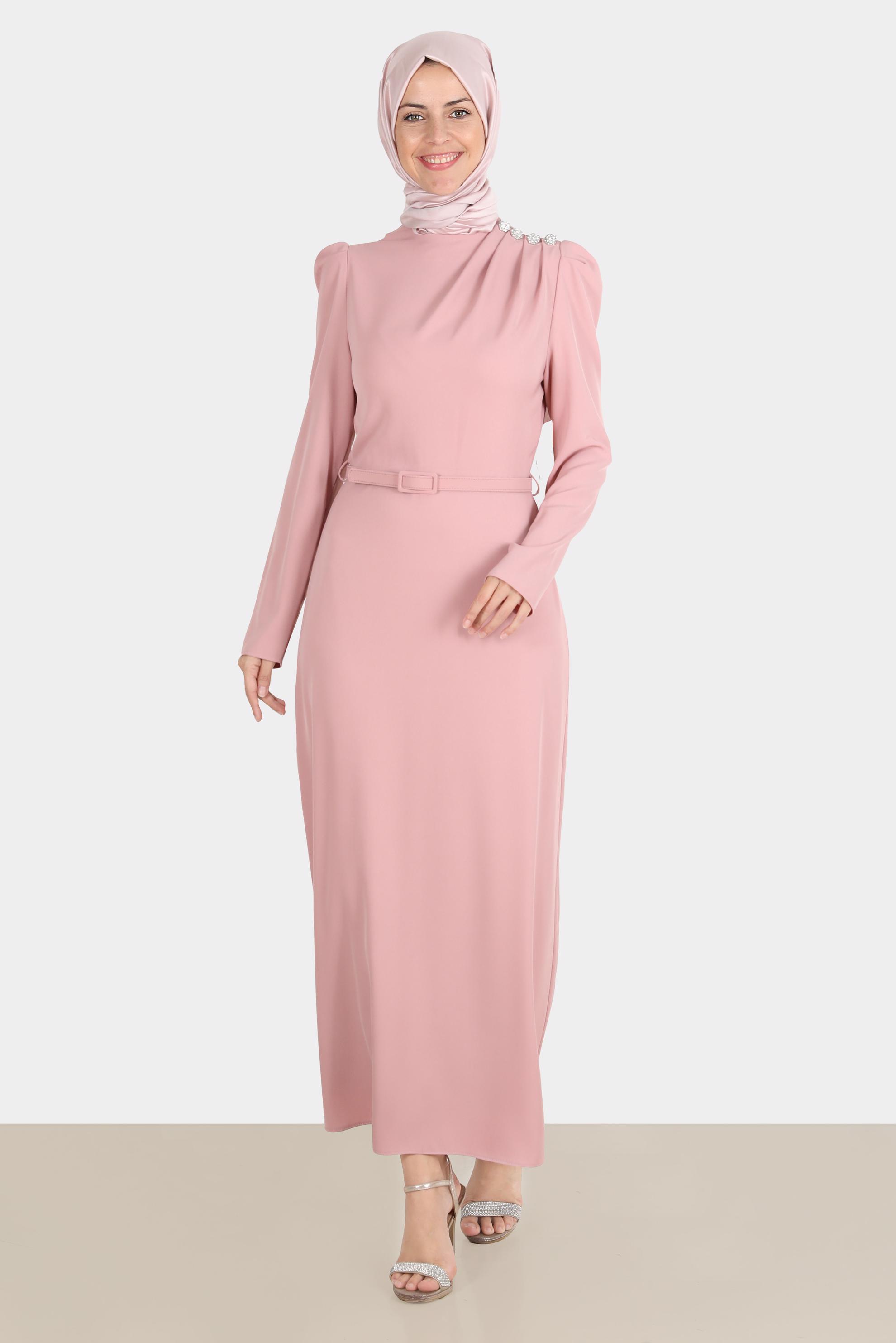 Tesettür giyim PUDRA OMZU TAŞLI BÜZGÜLÜ ELBİSE 42846 