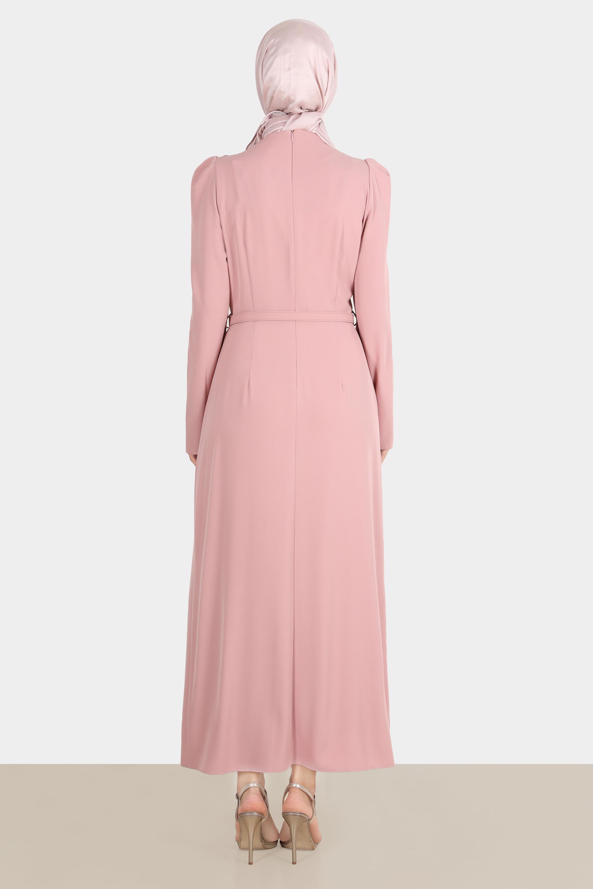 Tesettür giyim PUDRA OMZU TAŞLI BÜZGÜLÜ ELBİSE 42846 