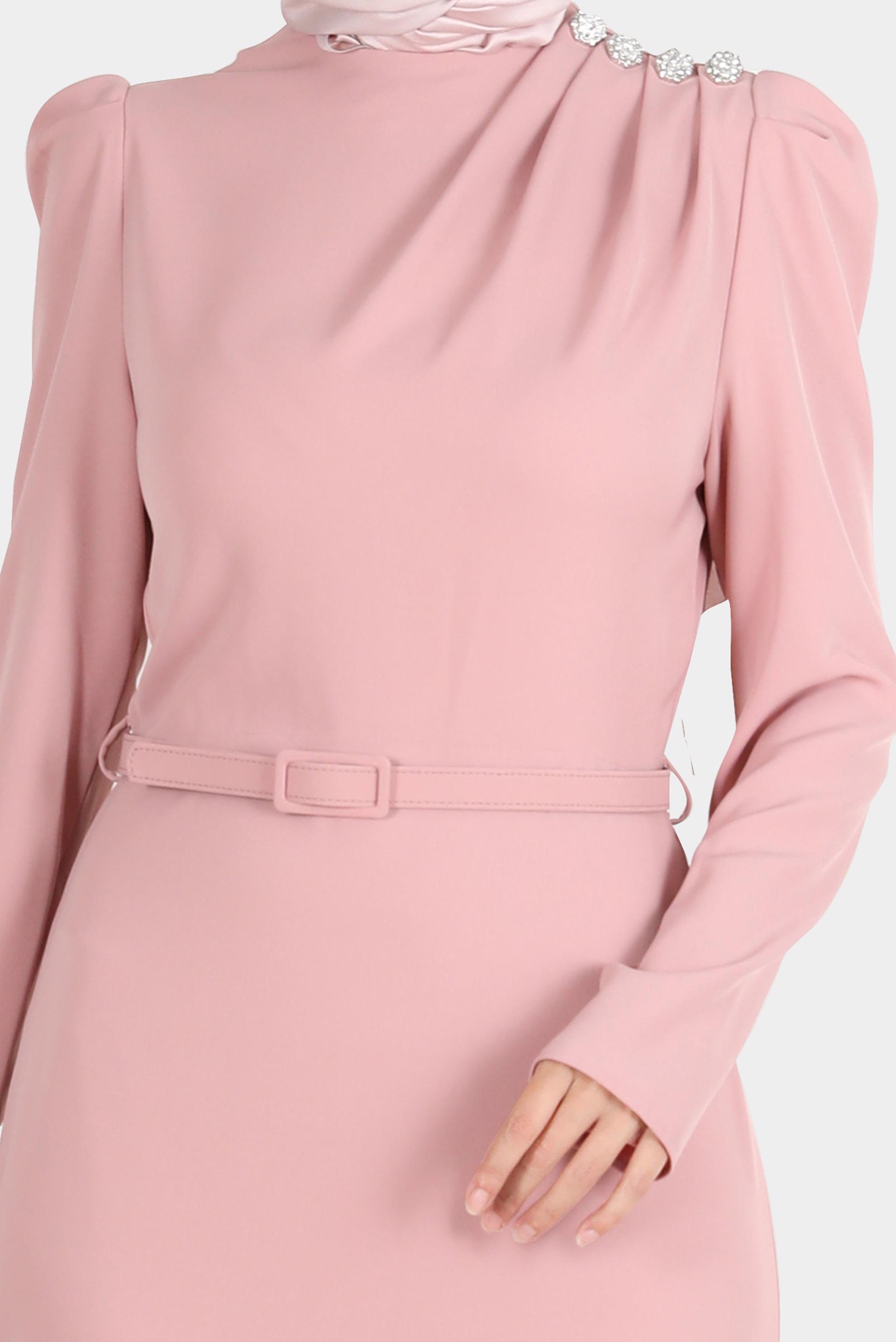 Tesettür giyim PUDRA OMZU TAŞLI BÜZGÜLÜ ELBİSE 42846 