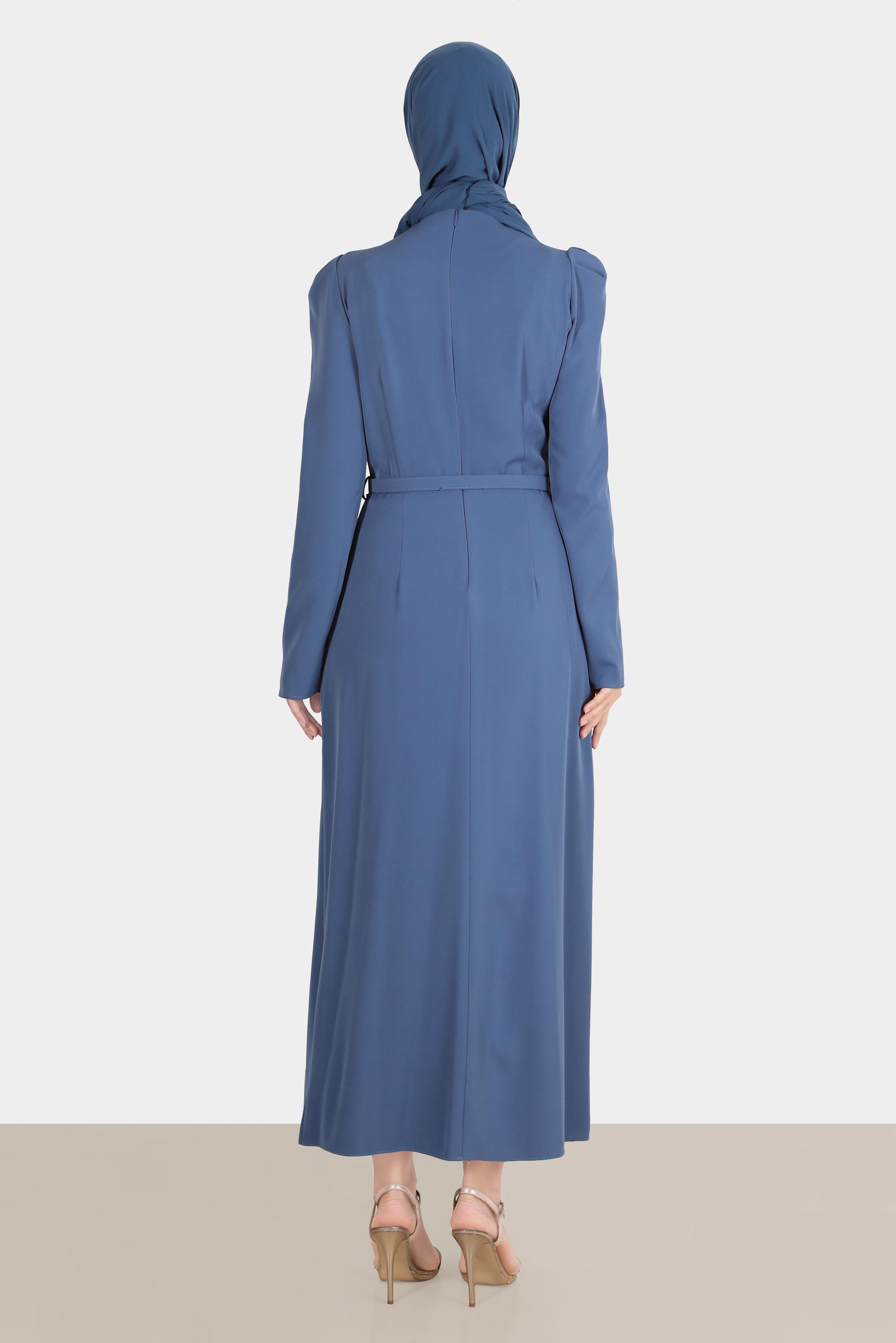 Tesettür giyim LACİVERT OMZU TAŞLI BÜZGÜLÜ ELBİSE 42846 