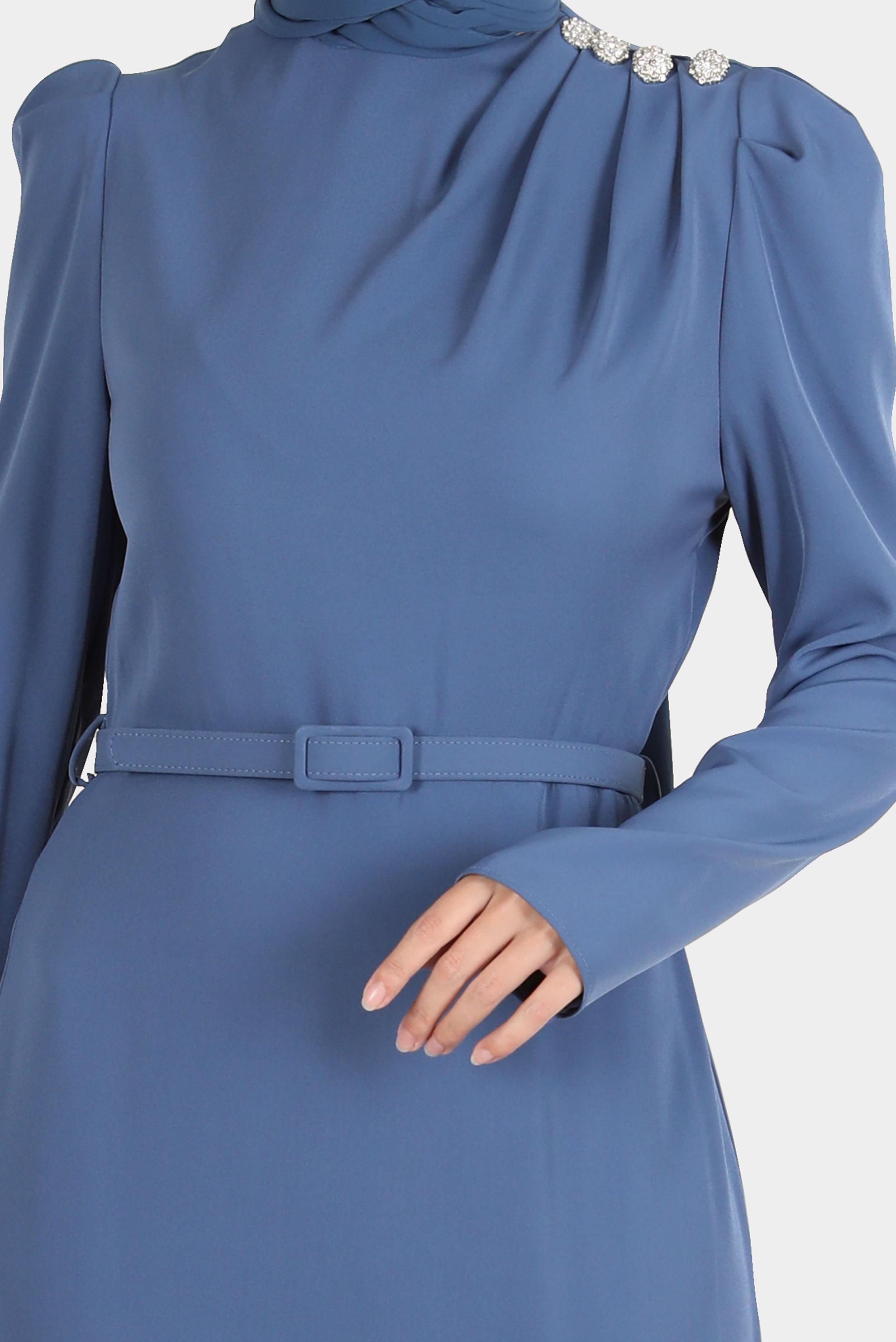 Tesettür giyim LACİVERT OMZU TAŞLI BÜZGÜLÜ ELBİSE 42846 