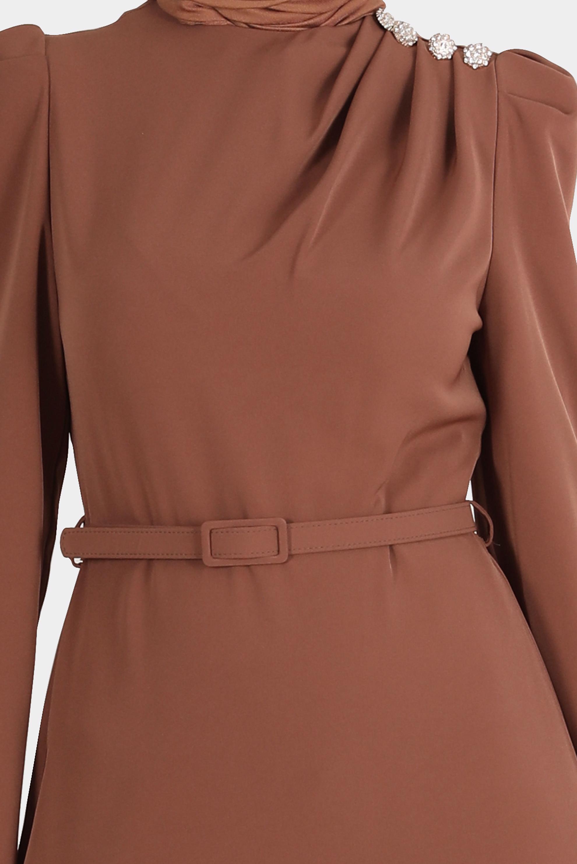 Tesettür giyim TABA OMZU TAŞLI BÜZGÜLÜ ELBİSE 42846 