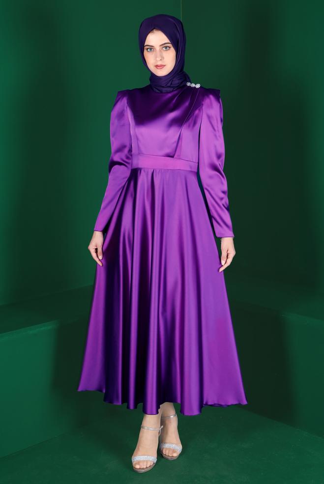 Tesettür giyim  TAŞ DETAYLI SATEN ELBİSE 42872  - ALVİNA