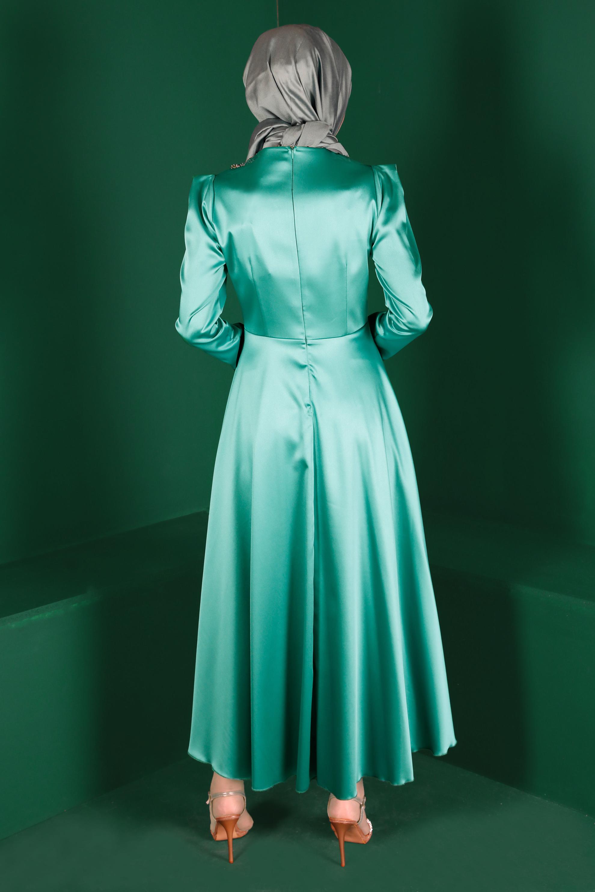 Tesettür giyim MAVİ TAŞ DETAYLI SATEN ELBİSE 42872 