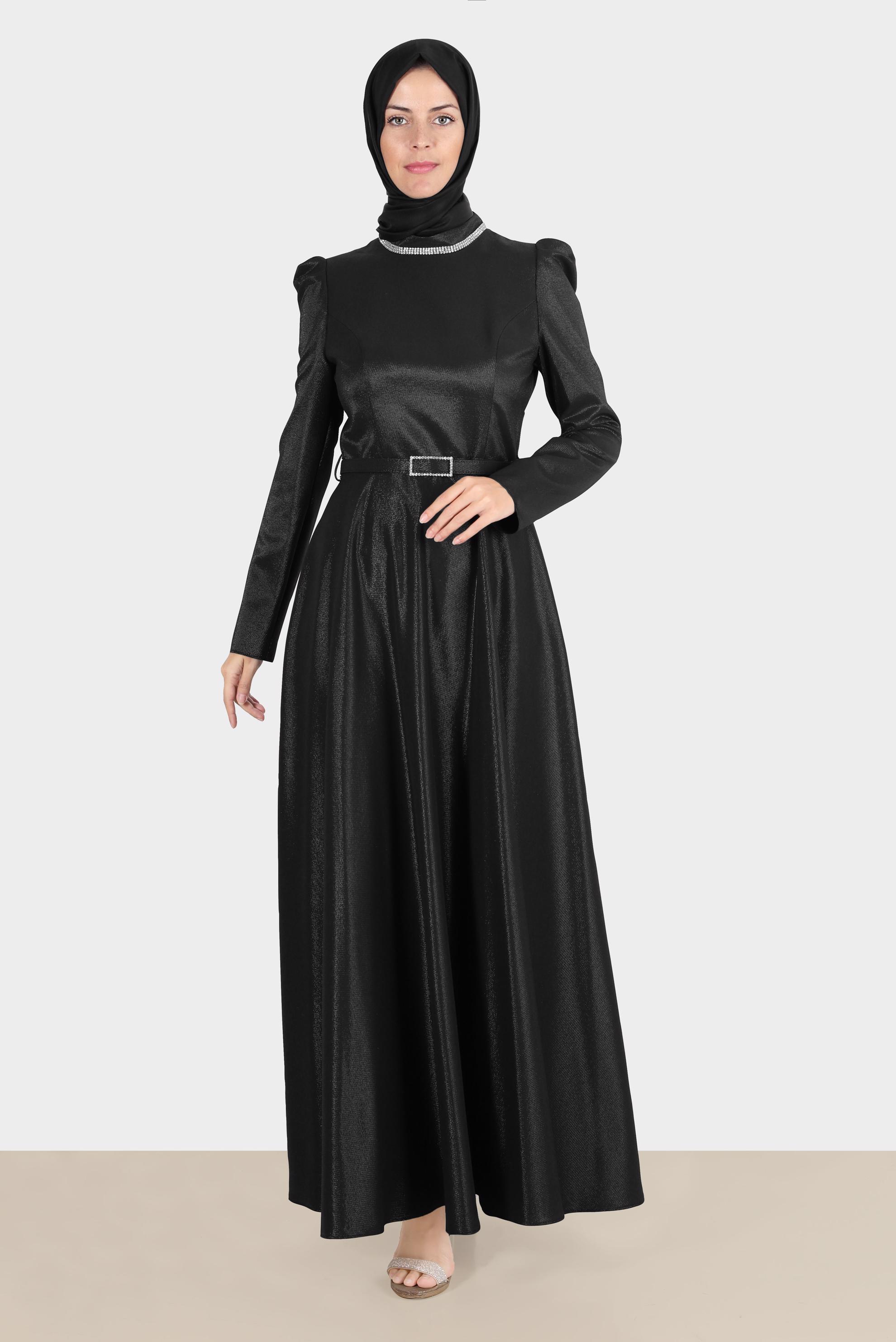 Tesettür giyim SİYAH KEMERLİ SİMLİ ELBİSE 42873 