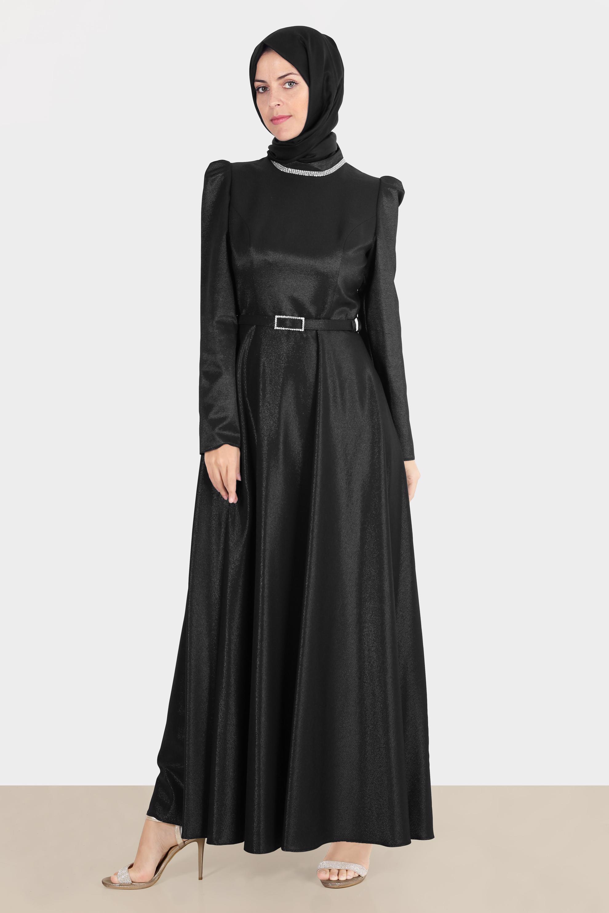 Tesettür giyim SİYAH KEMERLİ SİMLİ ELBİSE 42873 