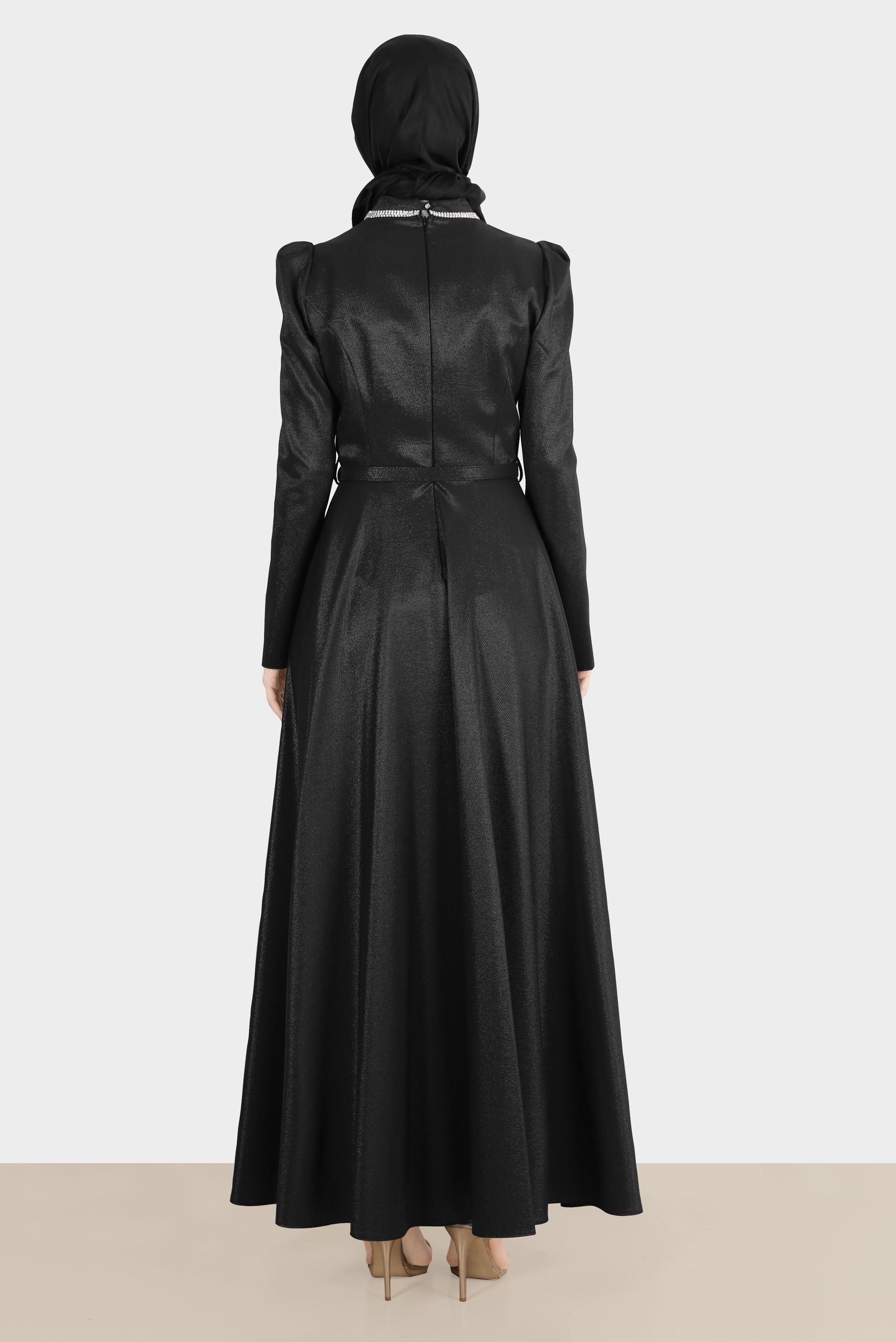 Tesettür giyim SİYAH KEMERLİ SİMLİ ELBİSE 42873 