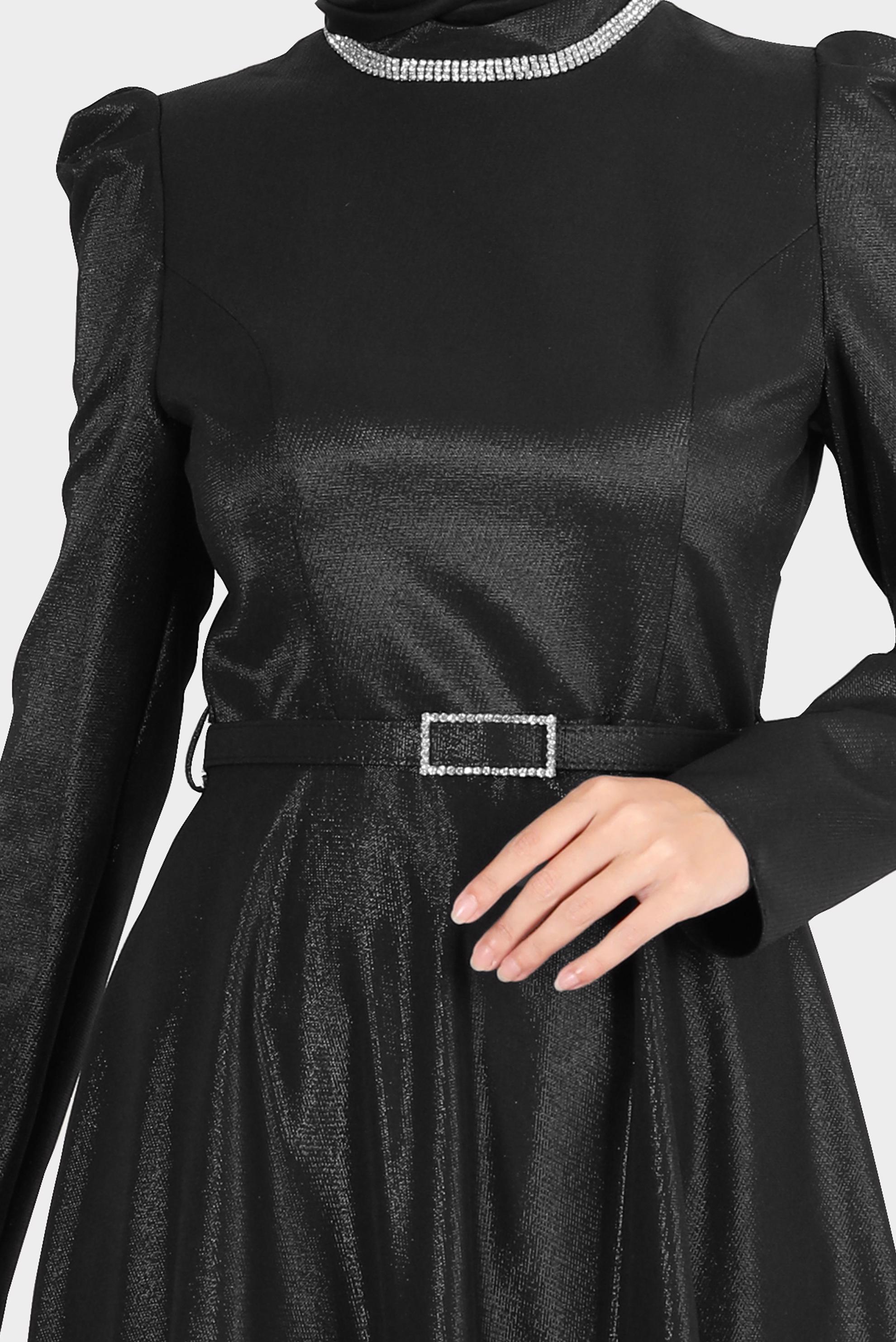 Tesettür giyim SİYAH KEMERLİ SİMLİ ELBİSE 42873 