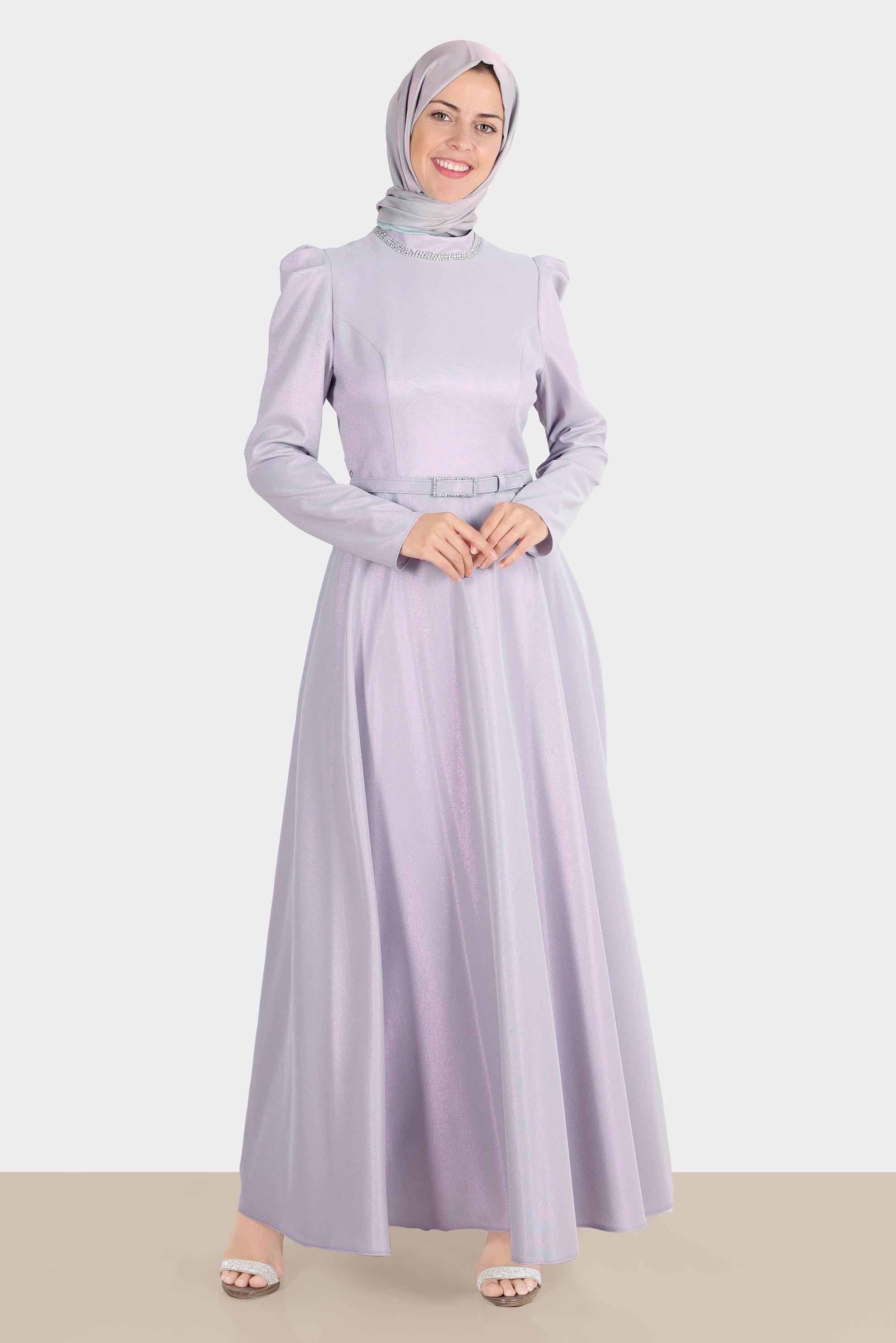 Tesettür giyim MOR KEMERLİ SİMLİ ELBİSE 42873 