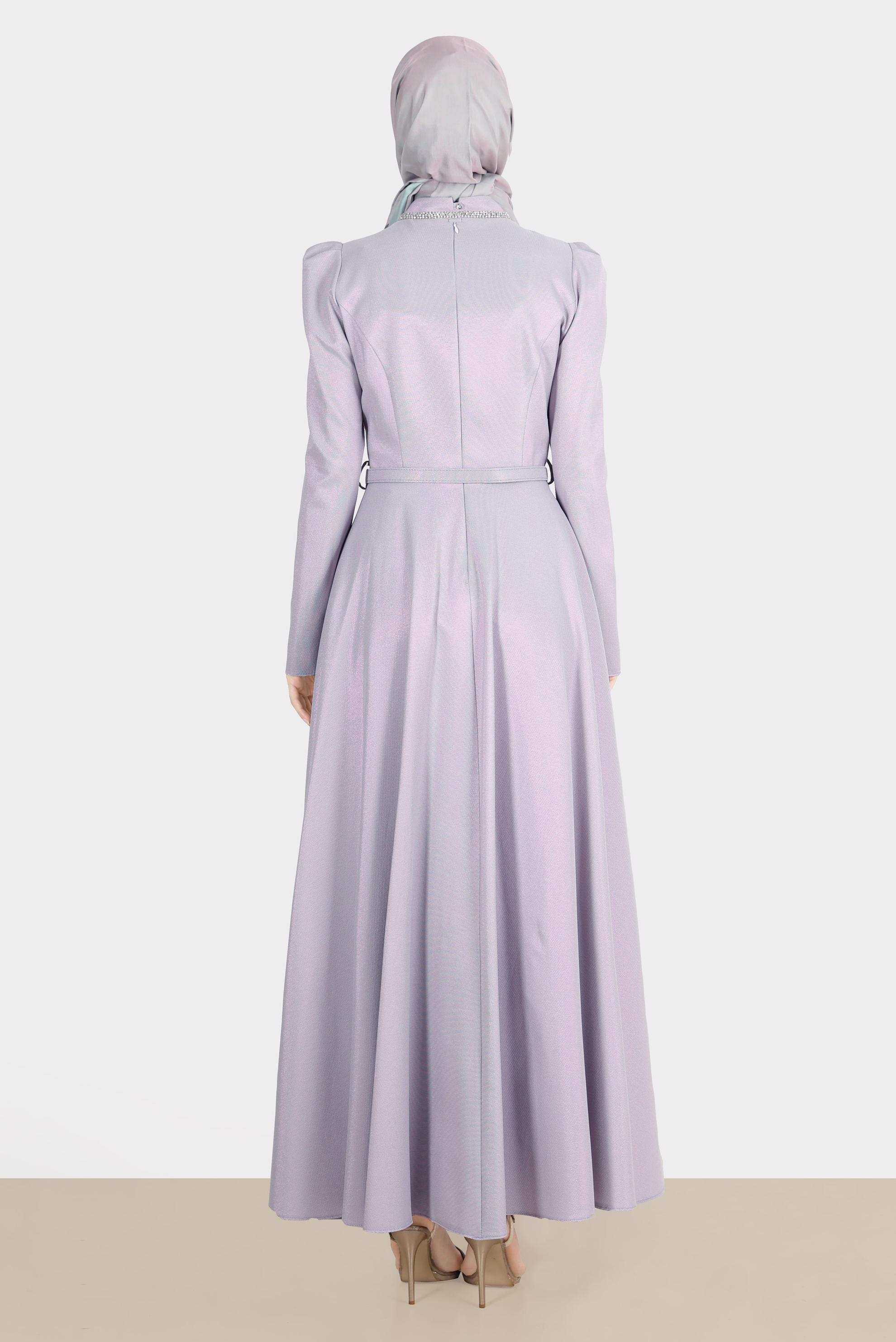 Tesettür giyim MOR KEMERLİ SİMLİ ELBİSE 42873 