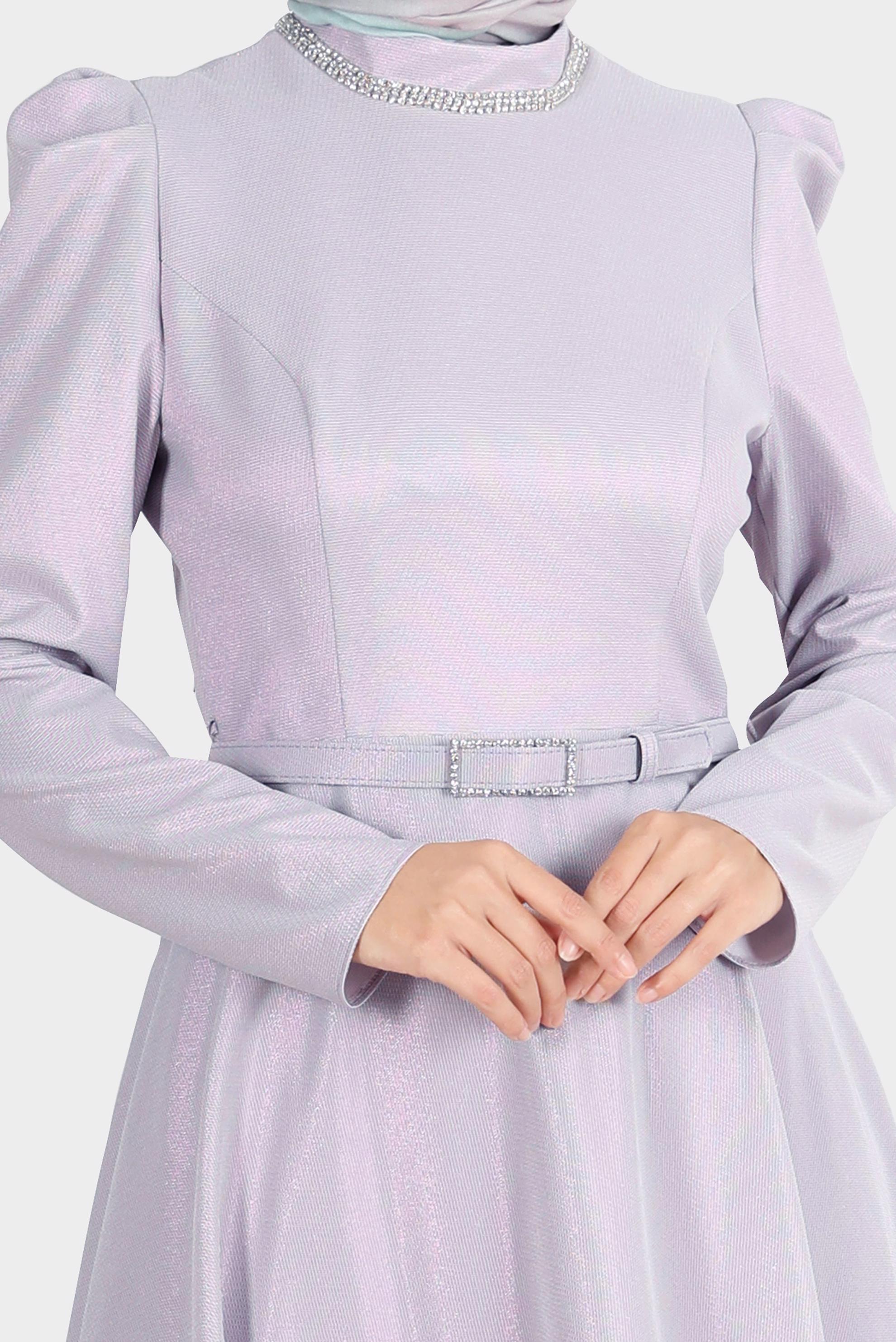 Tesettür giyim MOR KEMERLİ SİMLİ ELBİSE 42873 