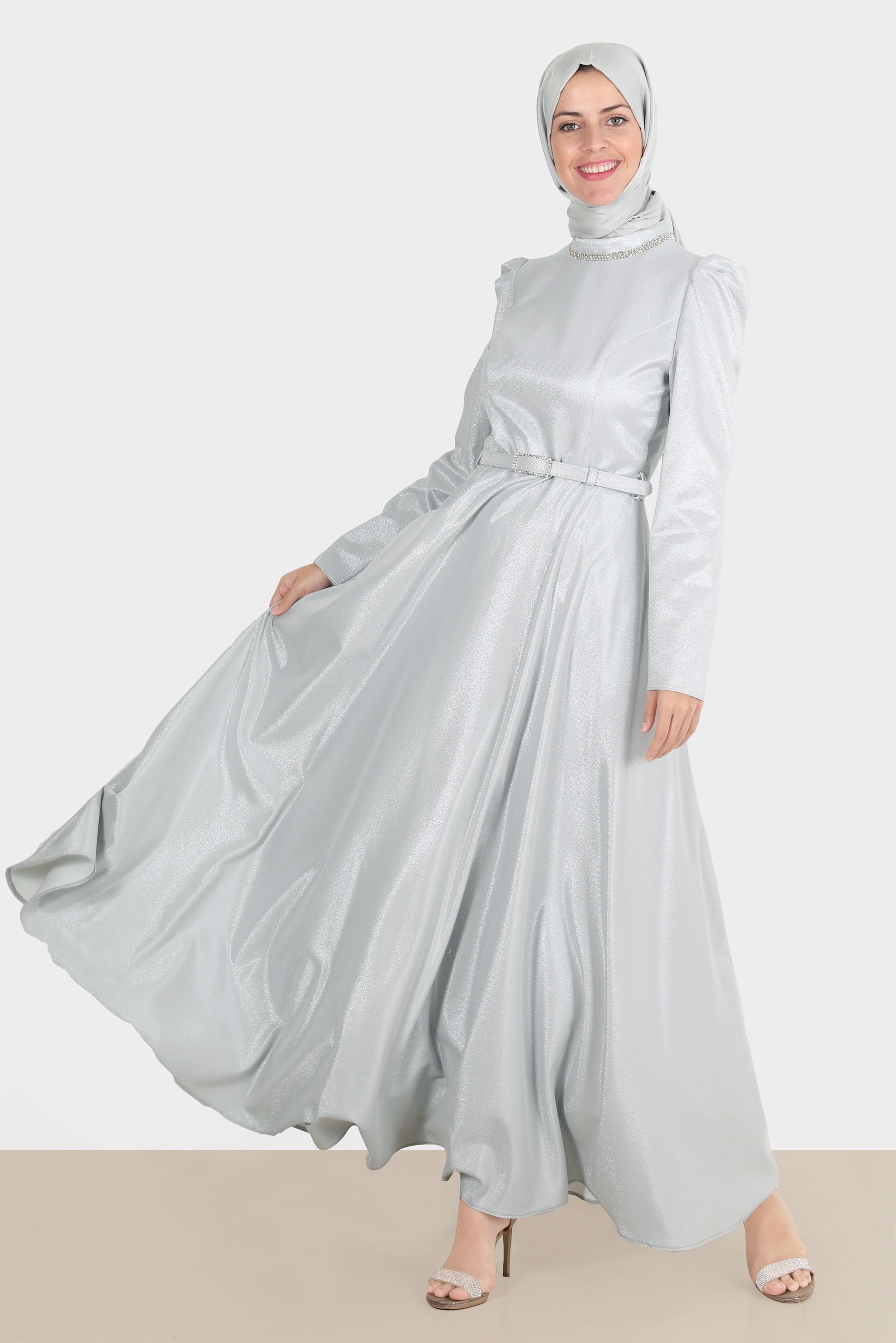 Tesettür giyim GRİ KEMERLİ SİMLİ ELBİSE 42873 