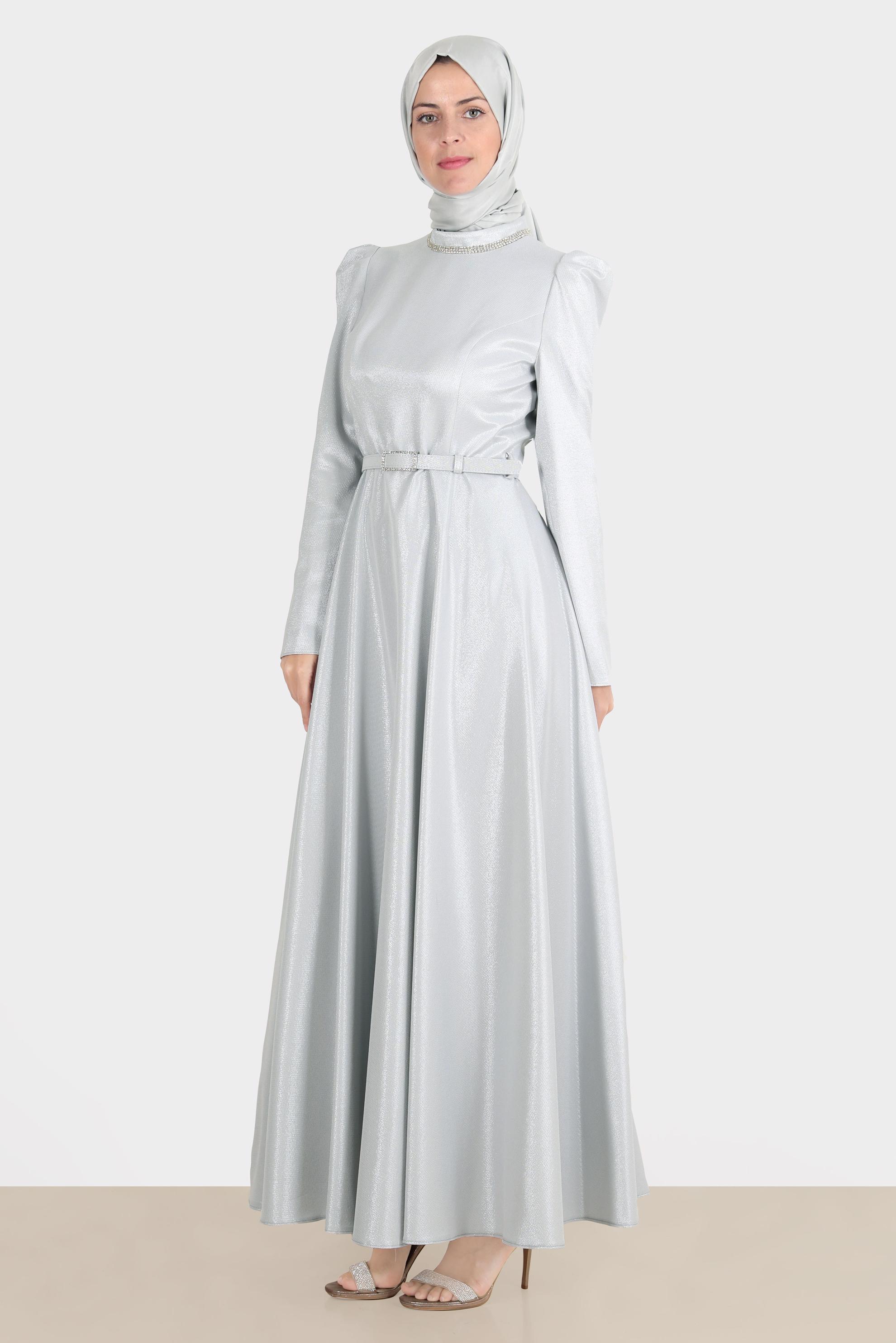 Tesettür giyim GRİ KEMERLİ SİMLİ ELBİSE 42873 
