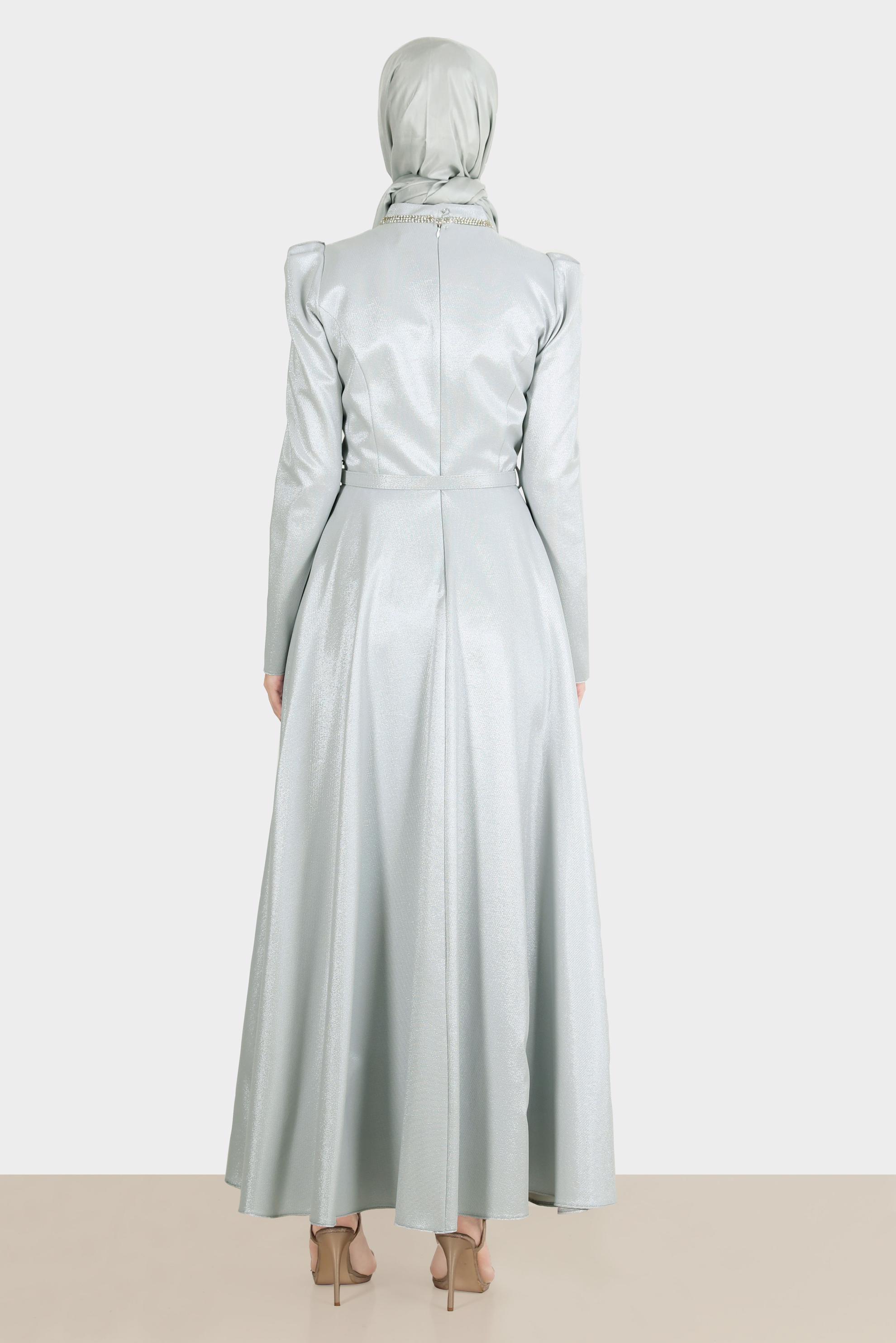 Tesettür giyim GRİ KEMERLİ SİMLİ ELBİSE 42873 