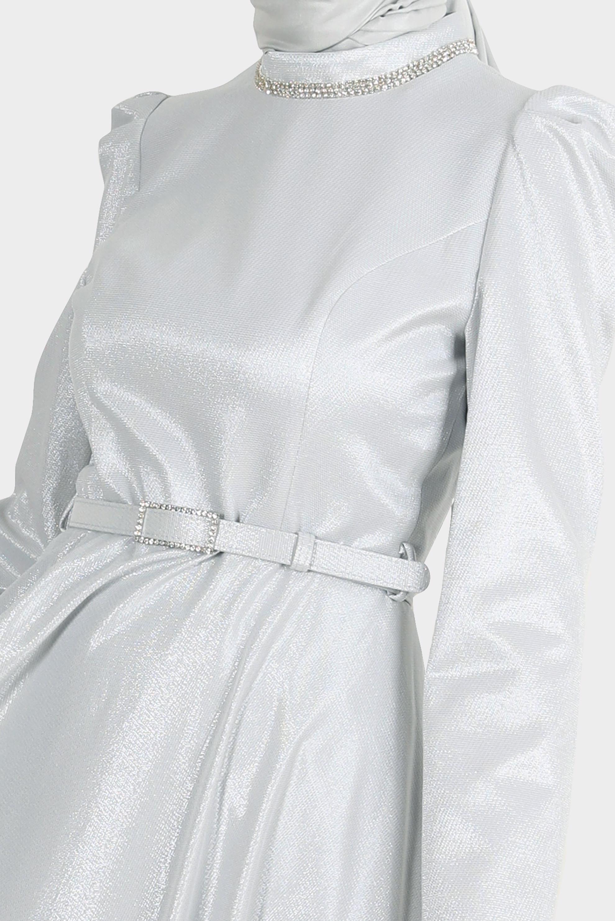 Tesettür giyim GRİ KEMERLİ SİMLİ ELBİSE 42873 