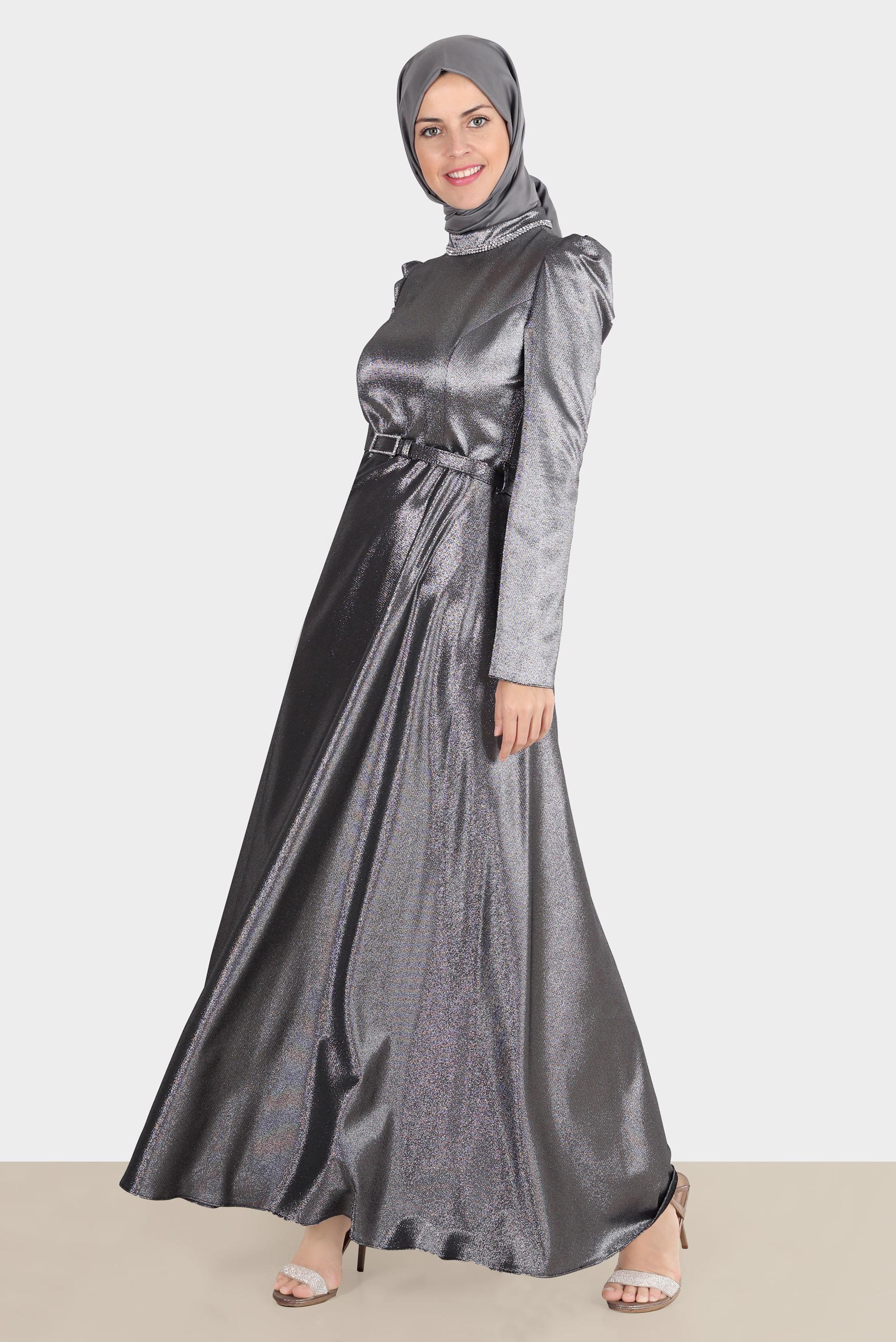 Tesettür giyim SİYAH KEMERLİ SİMLİ ELBİSE 42873 