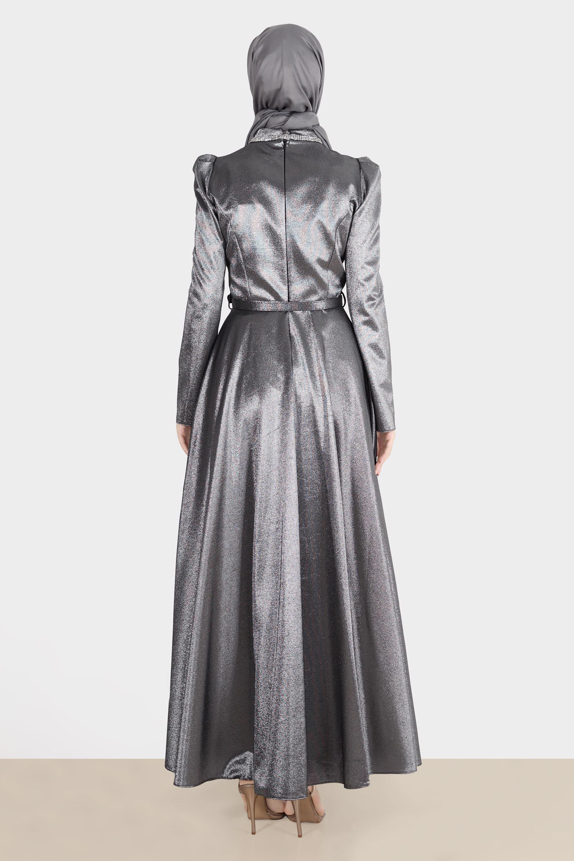 Tesettür giyim SİYAH KEMERLİ SİMLİ ELBİSE 42873 