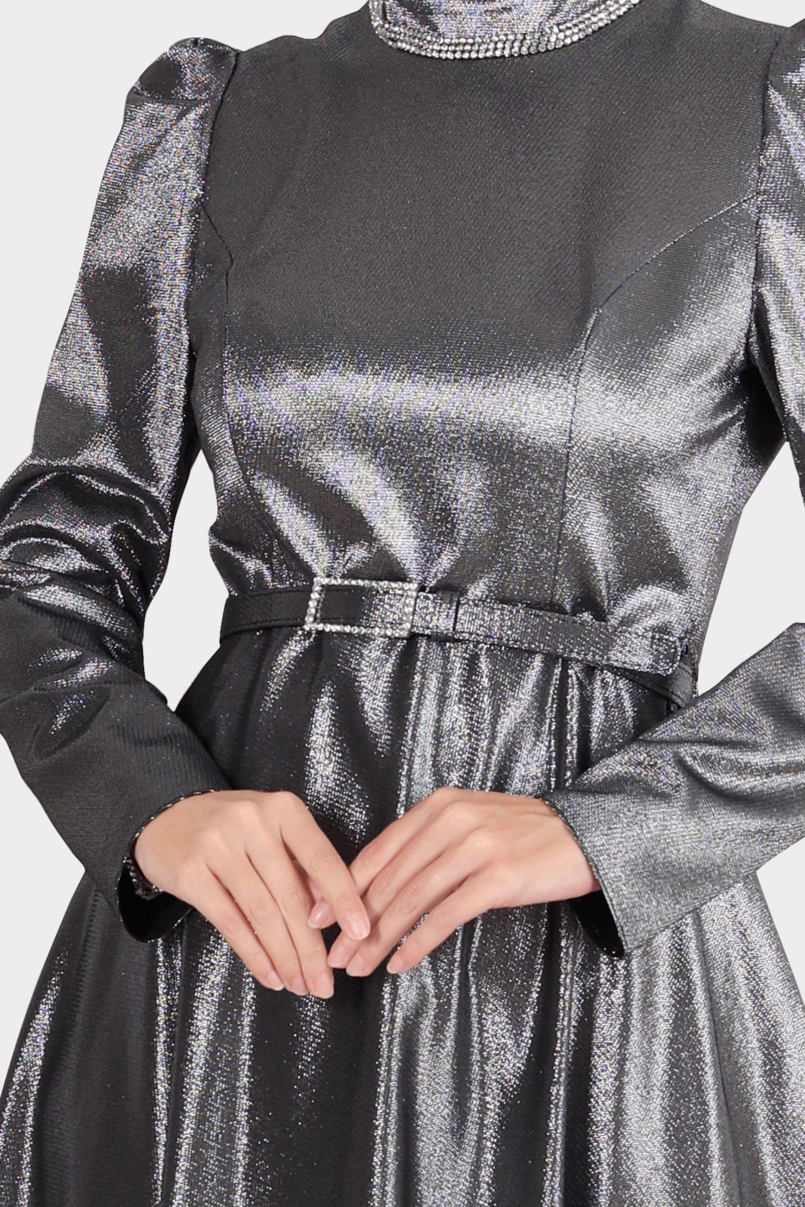 Tesettür giyim SİYAH KEMERLİ SİMLİ ELBİSE 42873 