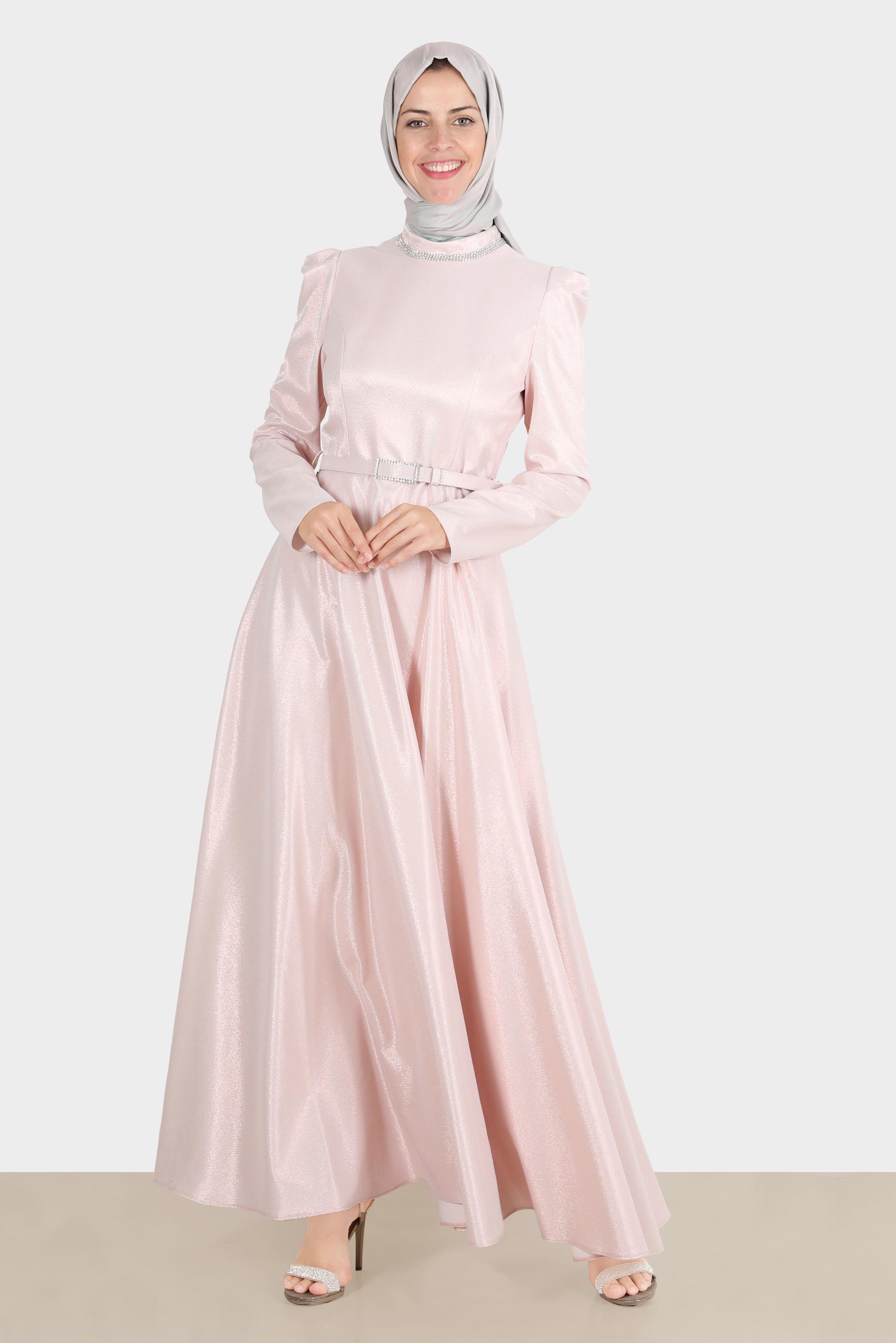 Tesettür giyim PUDRA KEMERLİ SİMLİ ELBİSE 42873 